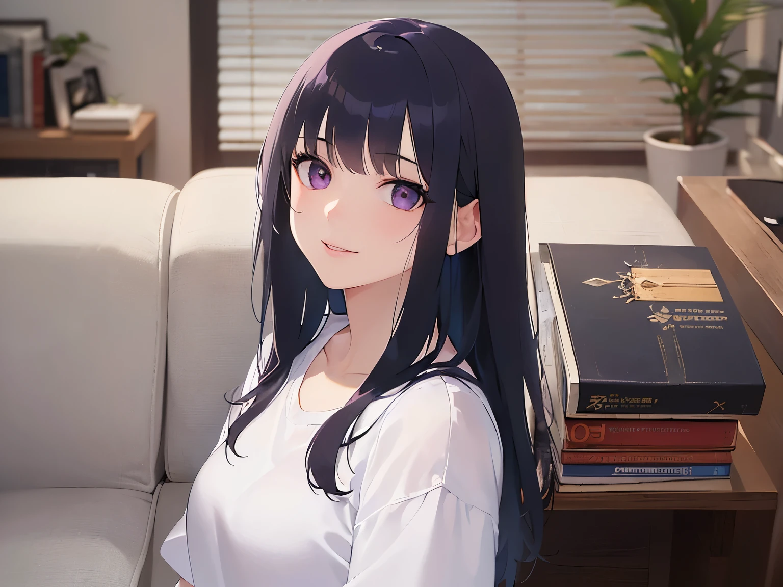 Tilting head、Realistic, real person, (pale skin: 1.2), RAW photo, photorealistic, portrait photography, shiny skin, japanese idol、shiny hair、(bangs) and (straight) and (medium hair)and (25 year old woman) and (black hair) and (purple eyes) , white t-shirt、wearing jeans、smile, The background is the living room、Alone、Are standing