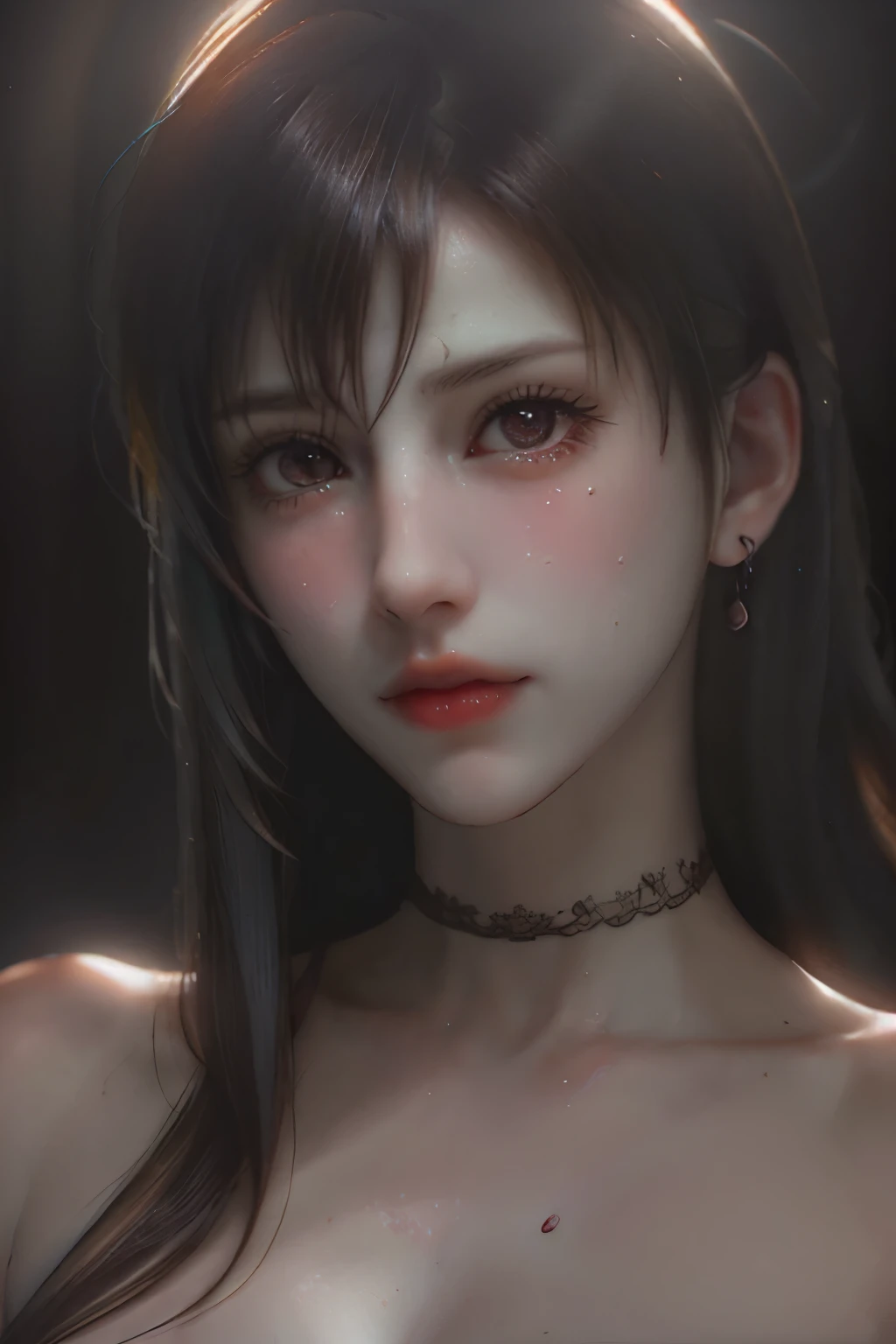 Photorealistic Appetizing slice of cherry cheesecake with chocolate, delicious, fragrant, close-up, highly detailed, intricate detail, raw photo, lifelike rendering, immersive atmosphere, chiaroscuro, moody lighting, Tifa Lockhart