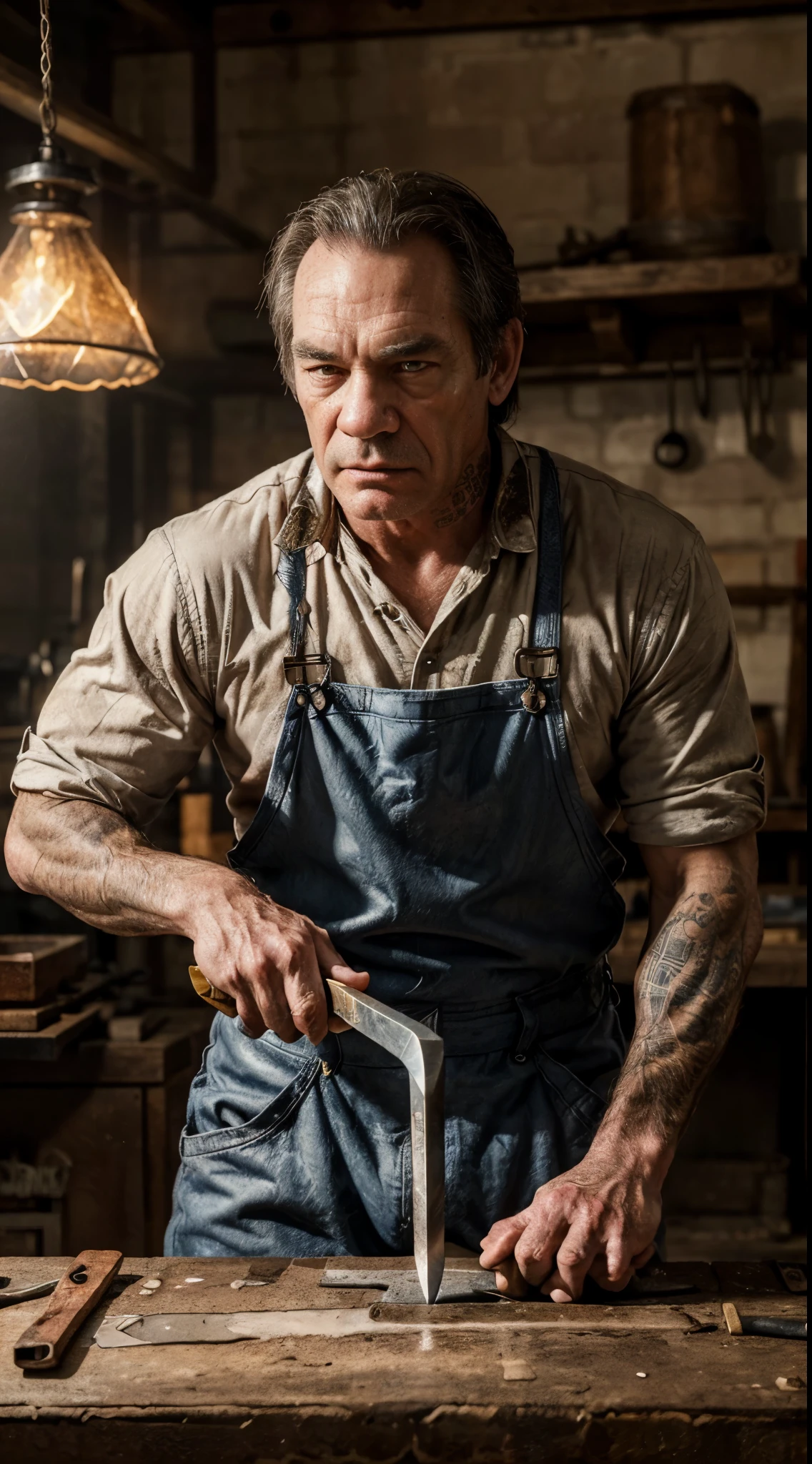 (Tommy Lee Jones:1.0), forge, coveralls, hammer, anvil, forging a sword, (best quality, masterpiece, 4k, ultra detailed, sharp focus, 8k, high definition, insanely detailed, intricate:1.2), pretty face, nose, lips, beautiful eyes