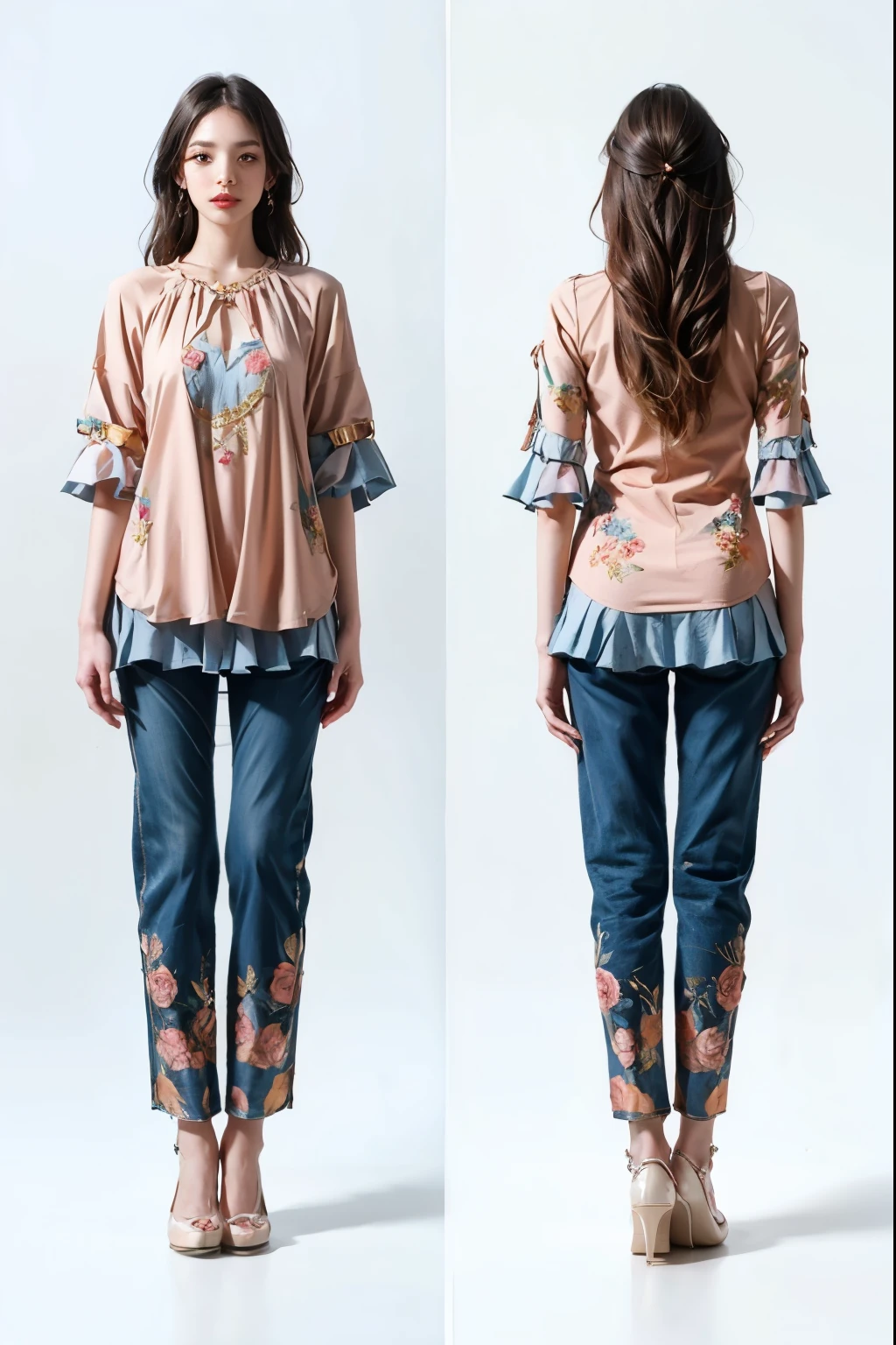 Two people wearing different clothes、Close-up of a woman with long hair, Costume design, Detailed fashion illustration, Ladies, Full body details, Fashion Design, Inspired by Nagasawa Rose, Inspired by Rokkaku Ayako, detailed whole body concept, whole body concept, clothing concept, Symmetrical full body rendering, Stylized digital illustration, clear Costume design