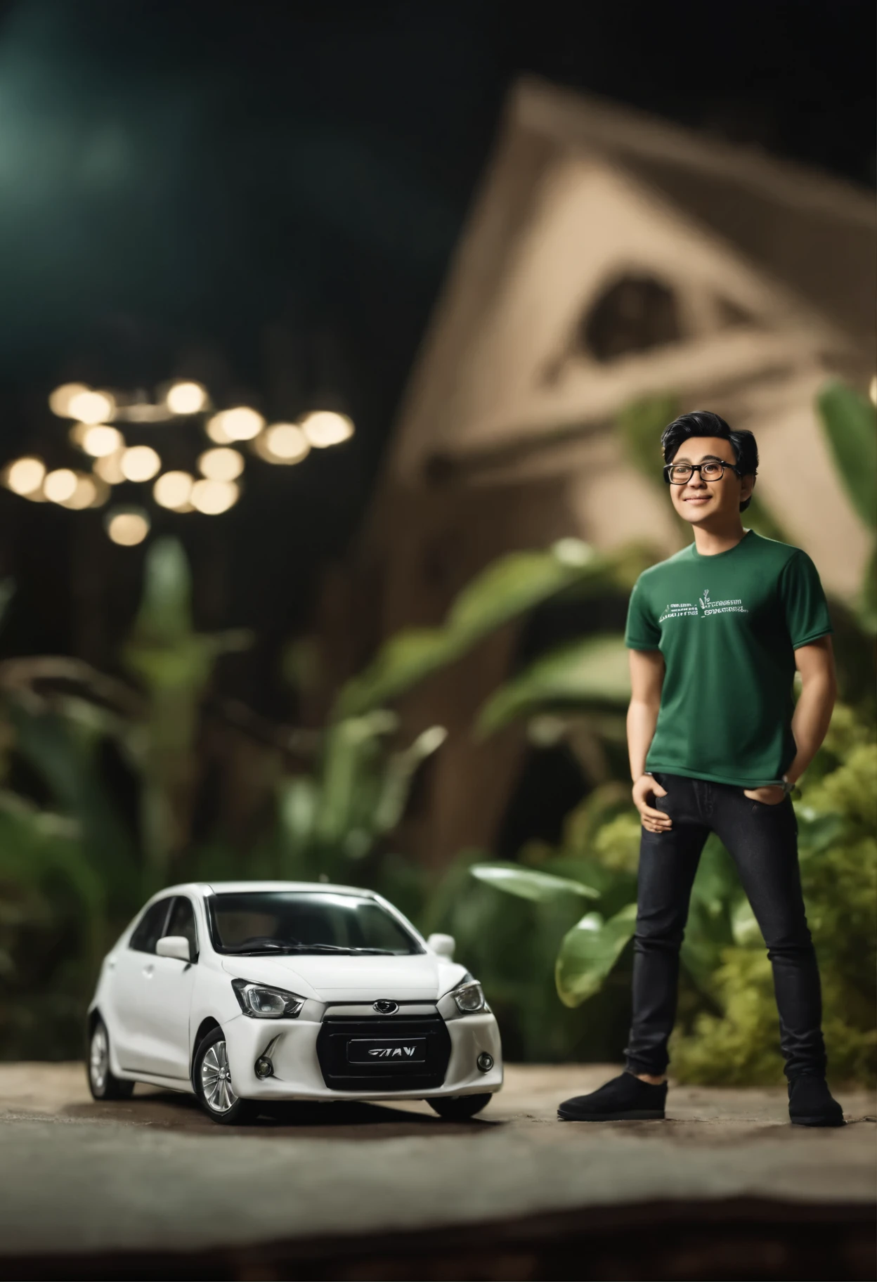 unique and adorable pose of a middle-aged man around 30 years old, he has an Indonesian face, he wears glasses, he has short messy hair, a confusing facial expression, he wears a dark green t-shirt with MNC PICTURES logo, the letters are black.
he wore beige jeans, dark green casual shoes.
In the background there is a white car (Daihatsu Ayla car model and brand)
he is surrounded by the film team crew and the audience.