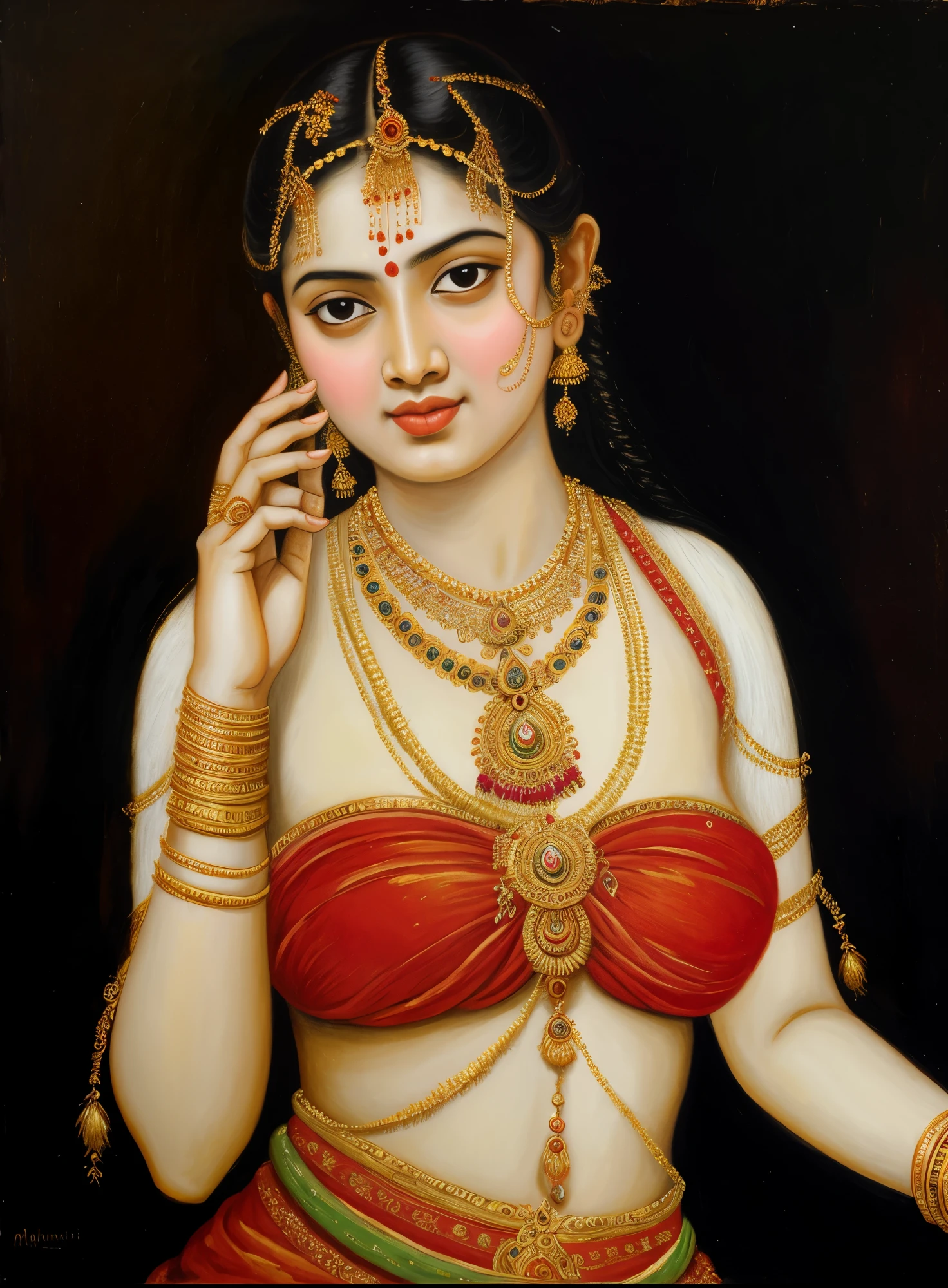 a oil painting of "Shakuntala" the famous mythological female character who exceptionaly beautiful, Apsara, Mohini, Kamini, based on Hindu mythology in Raja Ravi Varma Painting style, in baroque painting style, 19th century Academic Art, oviyar maruthi , exotic Indian art, oviyar maruthi painting, 
