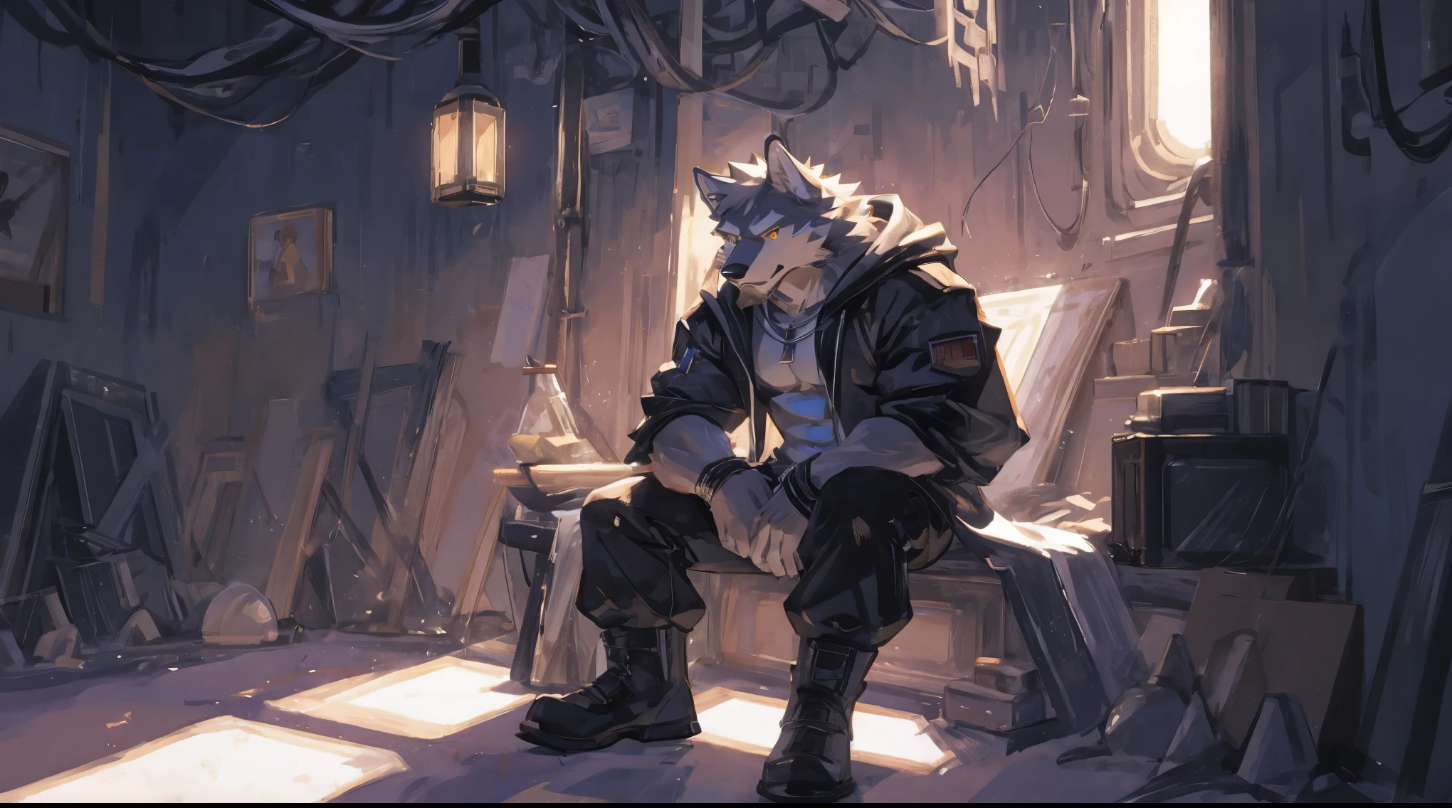 (masterpiece:1.2), best quality,pixiv,official art,perfect anatomy, (Ray tracing, light),solo, (1_male:1.3) , (muscle), (gray fur:1.4), (muscle wolf), (beard:1.2), (gleaming golden eyes), Thick eyebrows, open hoodie, naked inside, cargo pants, boots, portrait, (in the empty train :1.3), sitting alone