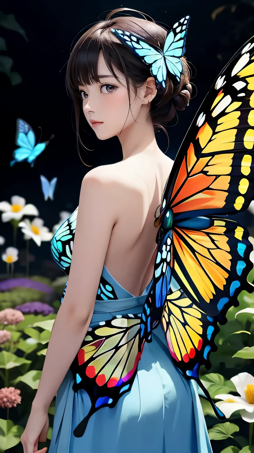 (((masterpiece))),((highest quality)),one beautiful japanese girl,pale, (A character that is a fusion of humans and butterflies.: 1.5), ((colorful)), (butterfly wings on the back: 1.5), (private server), (exposure of skin), (spread wings),(antenna)､(Background is a flower garden:1.5)
