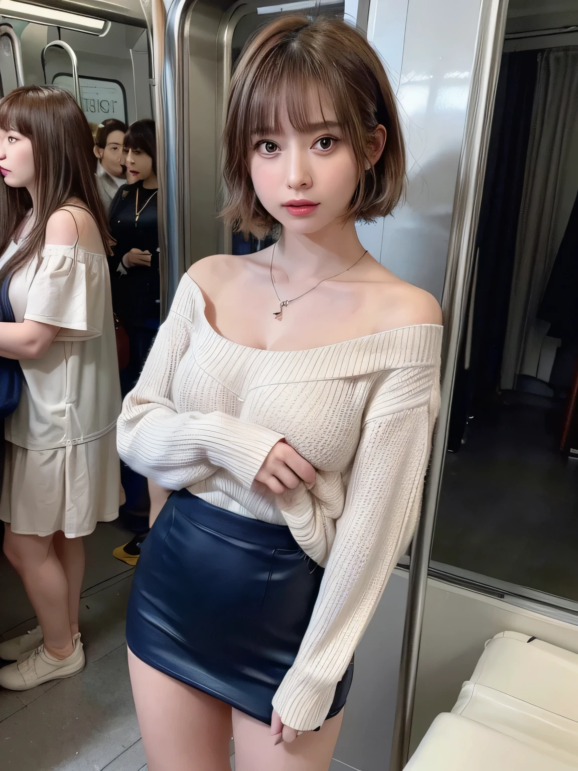(masterpiece:1.3), (8K, realistic, Raw photo, highest quality: 1.4), (1 girl), beautiful face, (realistic face), (brown hair, you feel the skin、 short hair:1.3,With bangs), beautiful hairstyle, realistic eyes, fine and beautiful eyes, (realistic skin), beautiful skin、((navy miniskirt、white off shoulder shirt、I have a black bag、beautiful necklace))、Breast flick、((small breasts))、(in a crowded train)、From the side、full body、(look away)、I can see the whole body、(Are standing)、crossed arms、((chest hold))、18 year old beautiful girl、