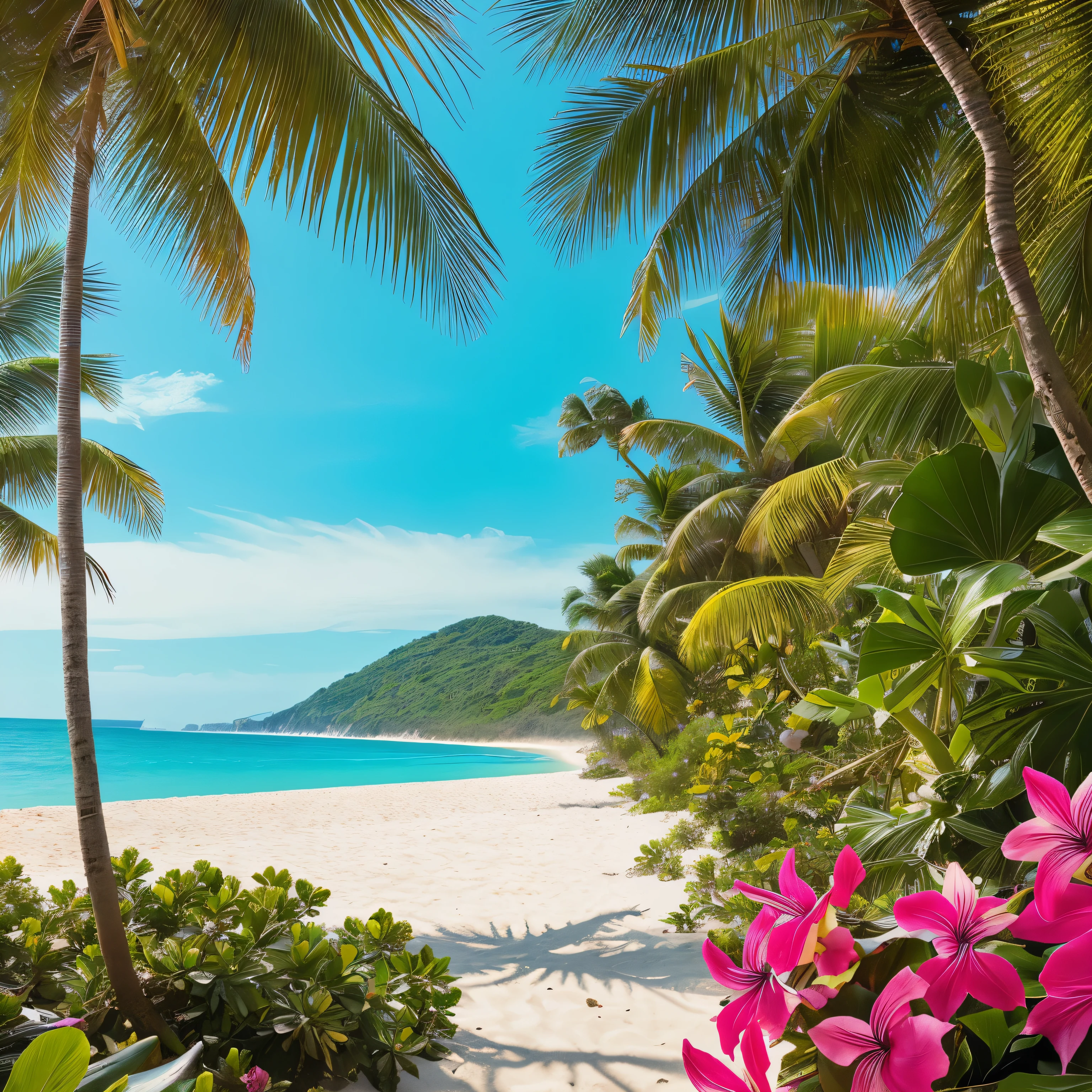 \\ (to the beach, fleurs exotiques, of the highest quality, best quality, Art officiel, mer exotique: 1.2) fleurs , Partout , (couleur fuschia et cyan) ,juste des fleurs et la plage , coquillages ,