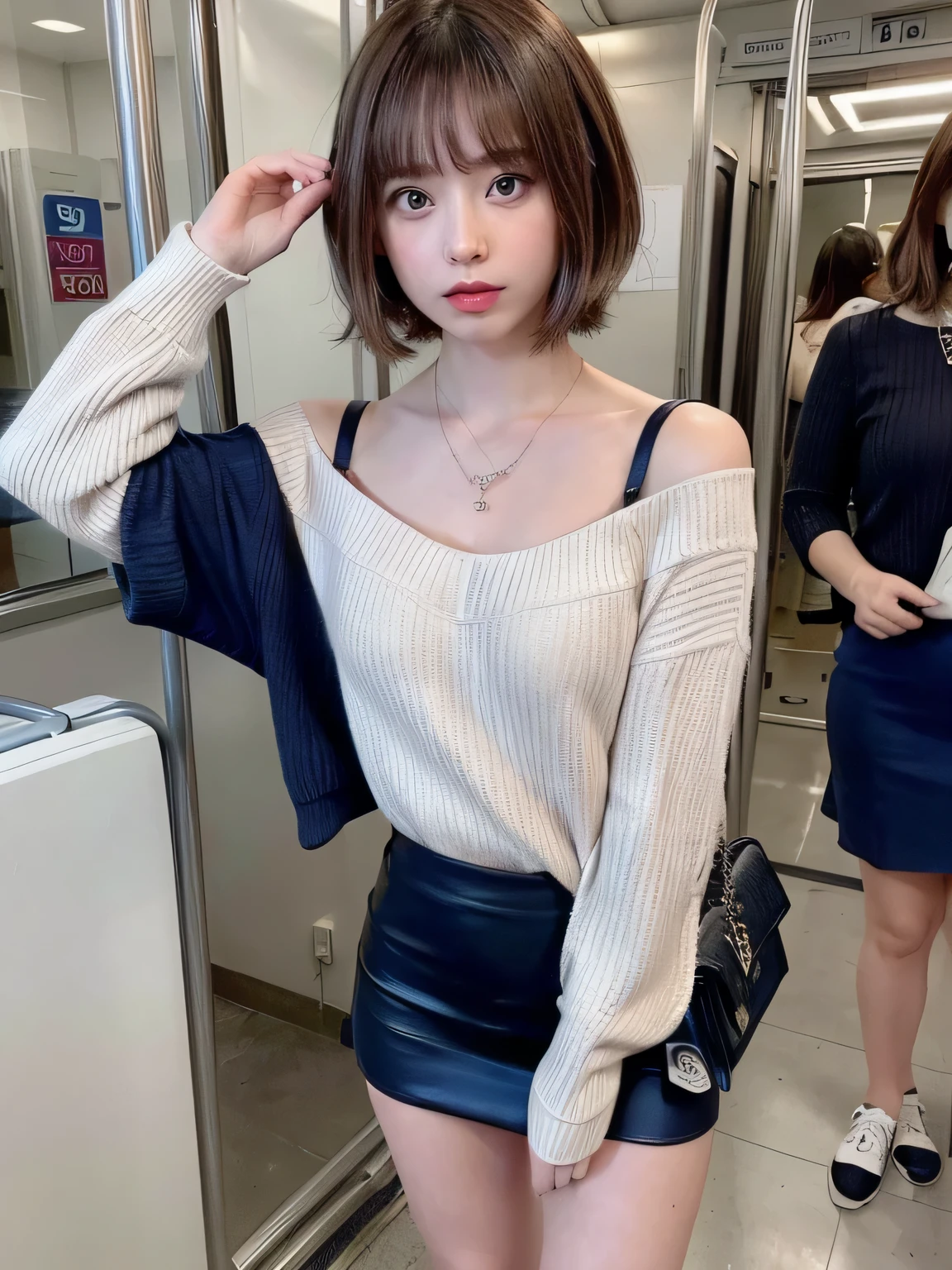 (masterpiece:1.3), (8K, realistic, Raw photo, highest quality: 1.4), (1 girl), beautiful face, (realistic face), (brown hair, you feel the skin、 short hair:1.3,With bangs), beautiful hairstyle, realistic eyes, fine and beautiful eyes, (realistic skin), beautiful skin、((navy miniskirt、white off shoulder shirt、I have a black bag、beautiful necklace))、Breast flick、((small breasts))、(in a crowded train)、From the side、full body、(look away)、I can see the whole body、(Are standing)、crossed arms、((chest hold))、18 year old beautiful girl、