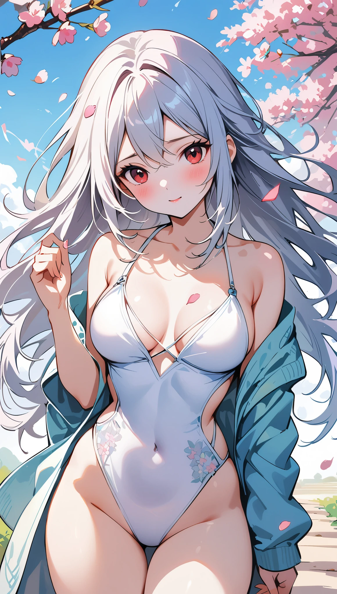 (masterpiece, best quality:1.2),sweater，high cut swimsuit，Eyes are very delicate，beautiful girl，long hair，Under the cherry blossom tree，Sakura petals are flying all over the ground，（（best quality））， （（intricate details））， （（Surrealism））（8K）