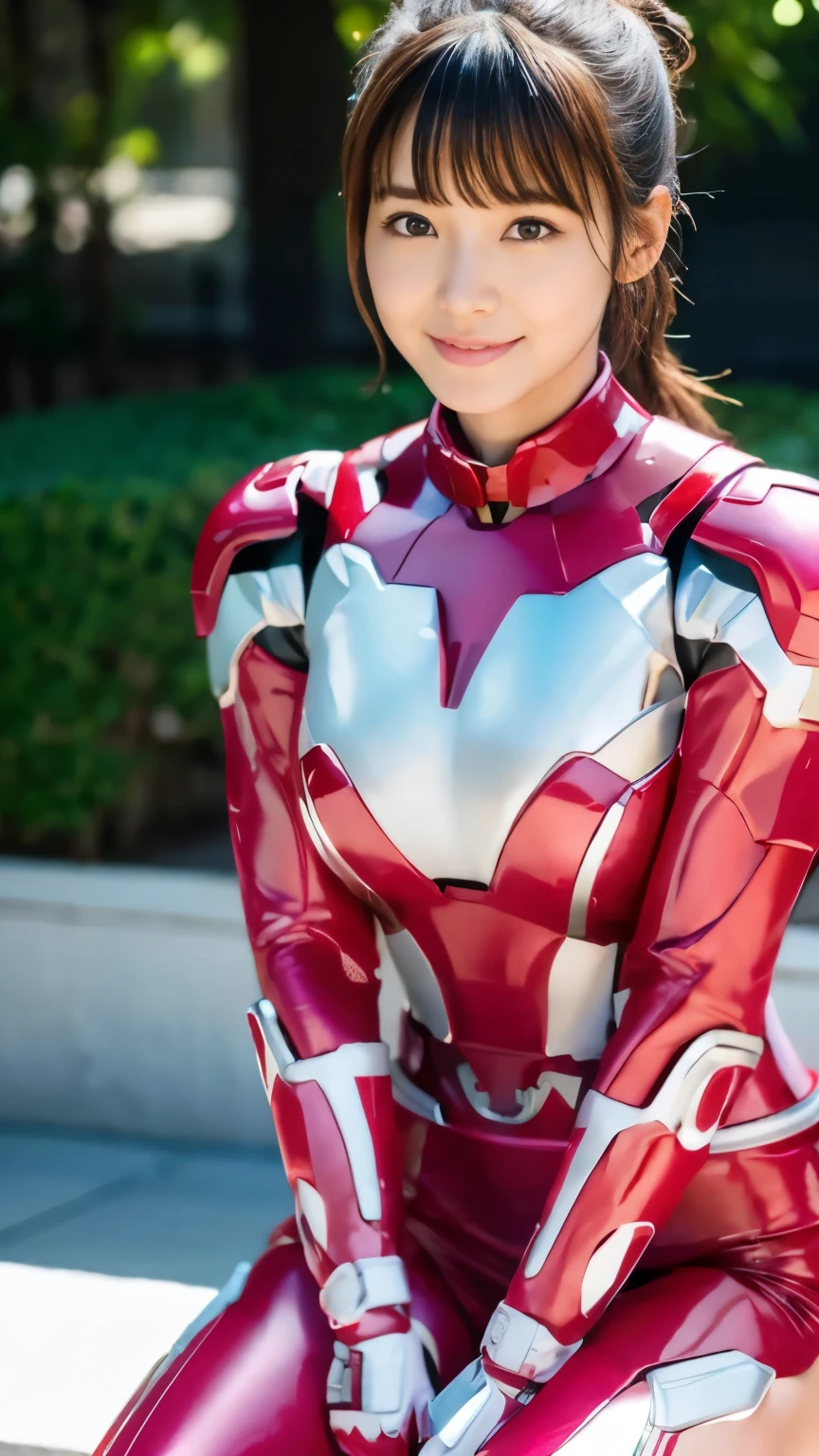 （super highest quality、In 8K、Masseter muscle part、delicate illustrations、Full body Esbian）,Wearing a bright pink and white metallic Iron Man suit:1.5、A beautiful and bewitching Japanese 25-year-old woman、plump body、big breasts、big breasts型アーマー:1.3、ponytail、black hair、slight smile、Remains、laughter