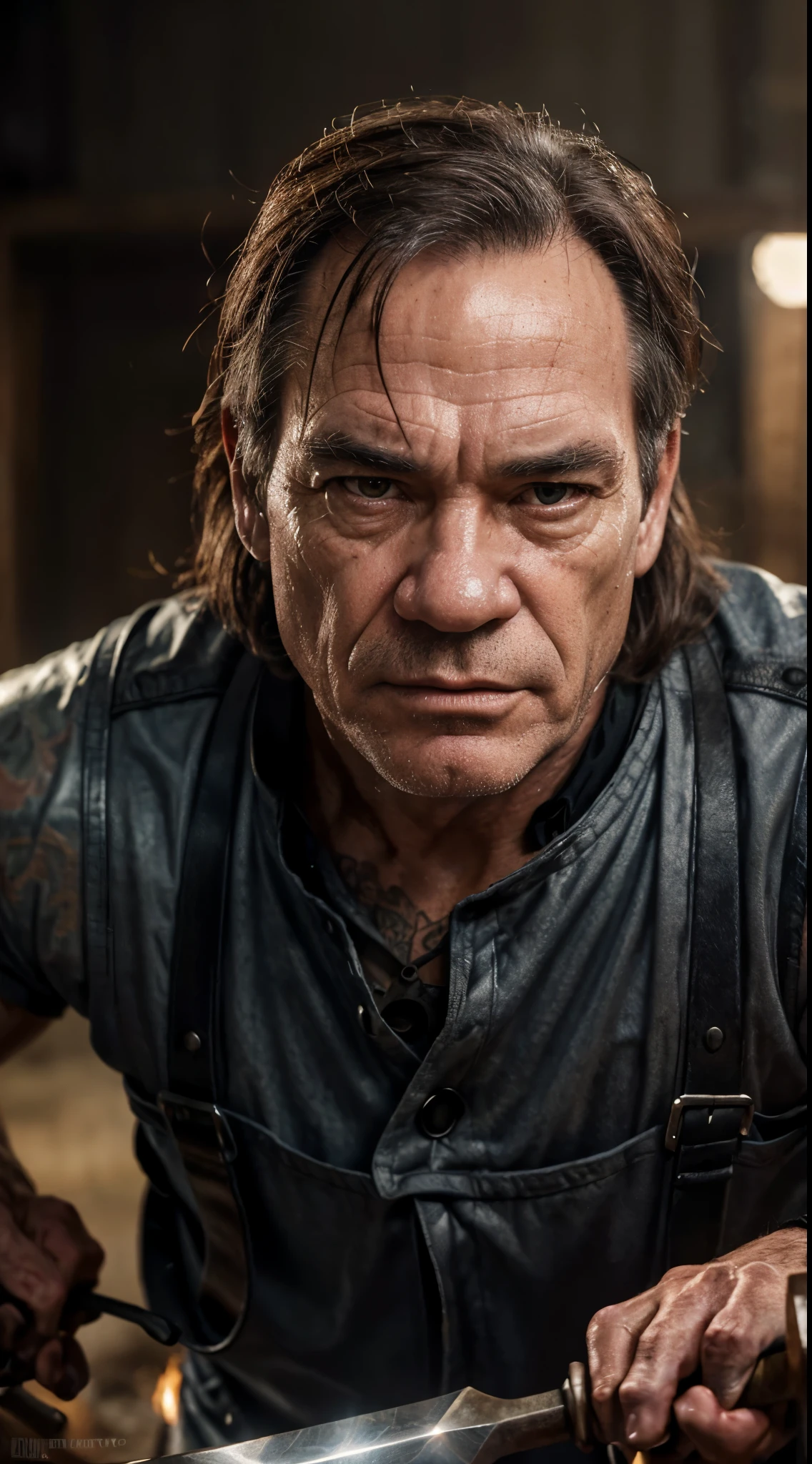 (Tommy Lee Jones:1.0), forge, coveralls, hammer, anvil, forging a sword, (best quality, masterpiece, 4k, ultra detailed, sharp focus, 8k, high definition, insanely detailed, intricate:1.2), pretty face, nose, lips, beautiful eyes