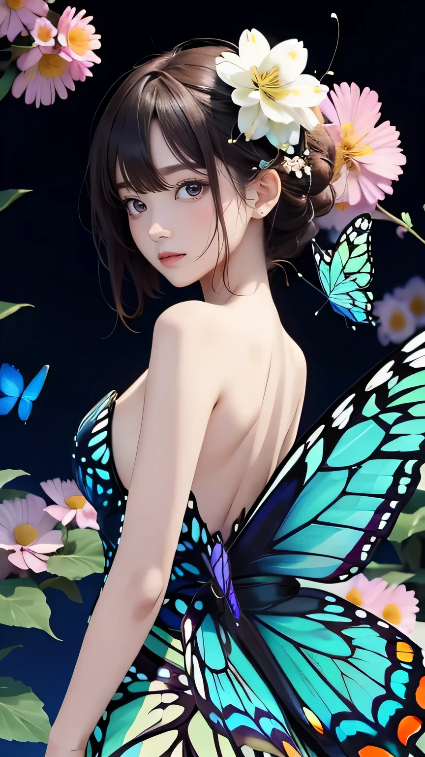 ((masterpiece, highest quality, Highest image quality, High resolution, photorealistic, Raw photo, 8K)), ((Extremely detailed CG unified 8k wallpaper)), A lone blue butterfly fluttering in the starry sky, Huge butterfly wings from the back, (blue glowing wings), Blue wings shining in the dark night, summer dress fluttering,