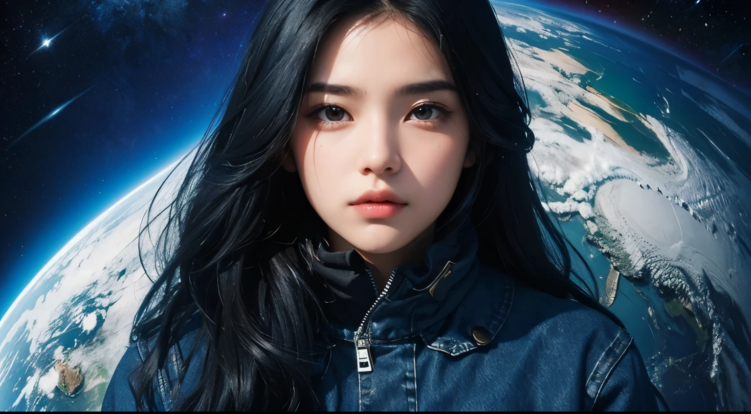 A beautiful woman. -year-ollack s and long black hair. She is looking at the camera with a serious expression. She is wearing blue jeans and a jacket. Image of outer space and earth behind her.