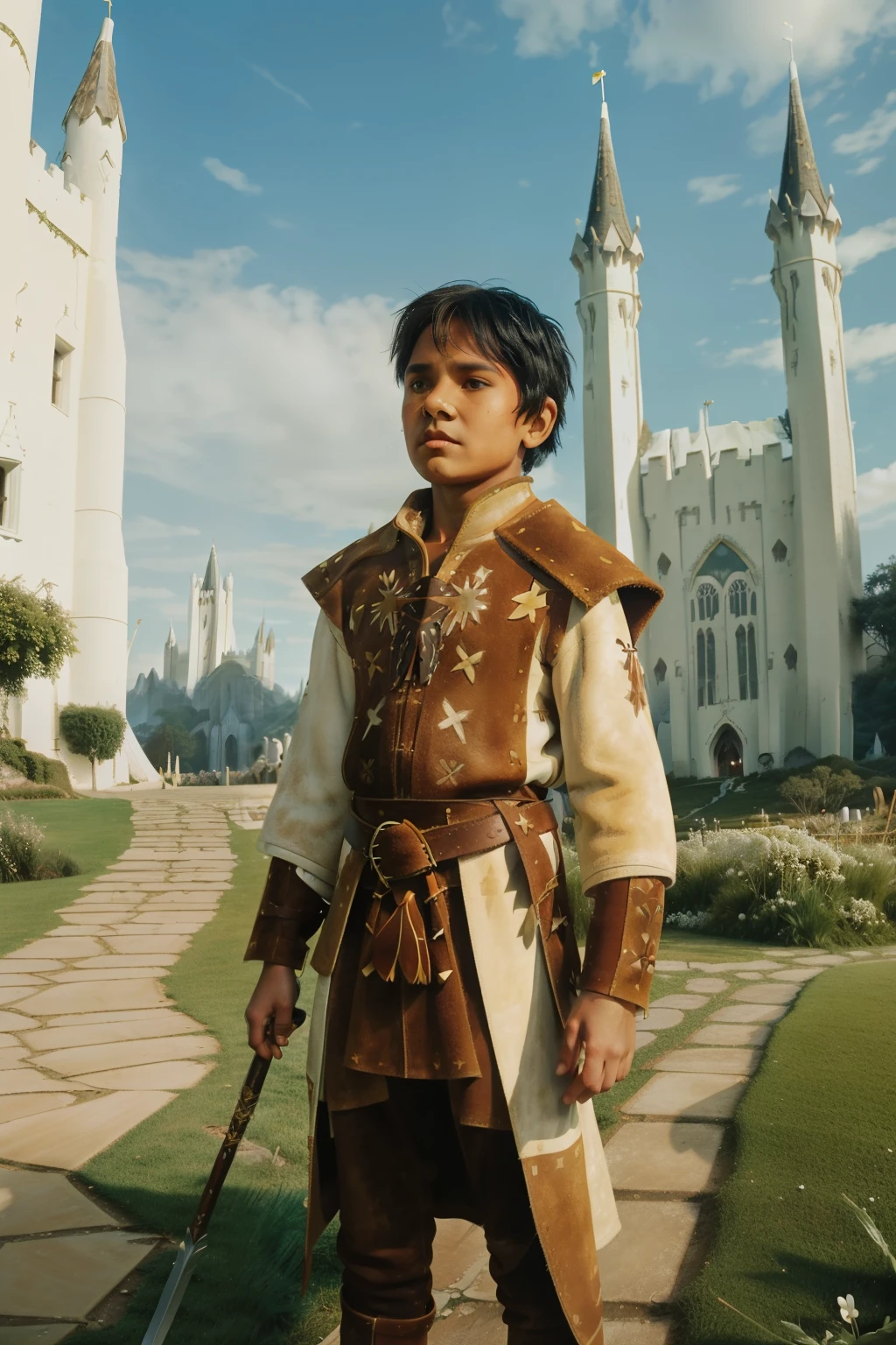 Fairytale Kingdom of Fantasia. Outside the ((((white ivory tower)))), ((((10-year-old)) Atreyu)), olive green skin, tall, athletic, brave, wise, ((grief expression)), wielding a sword defiantly. ((((suede and leather indigenous clothings)))), ((blueish-black hairstyle)).