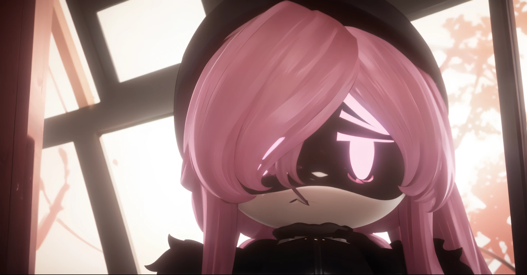 (8k uhd, masterpiece, best quality, high quality), upper body, killer drone, doll, android, pink hair, long hair, purple eyes, doll joints, glowing eyes, , standing looking at viewer with a sad expression. standing, sad, hunched over, sunken eyes, bunker style, frozen, something behind her is exploding,