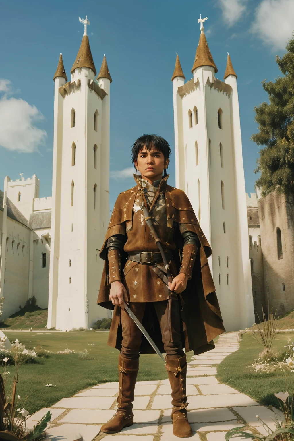 Fairytale Kingdom of Fantasia. Outside the ((((white ivory tower)))), ((((10-year-old)) Atreyu)), olive green skin, tall, athletic, brave, wise, ((grief and horror expression)), wielding a sword defiantly. ((((suede and leather indigenous clothings)))), ((blueish-black hairstyle)).