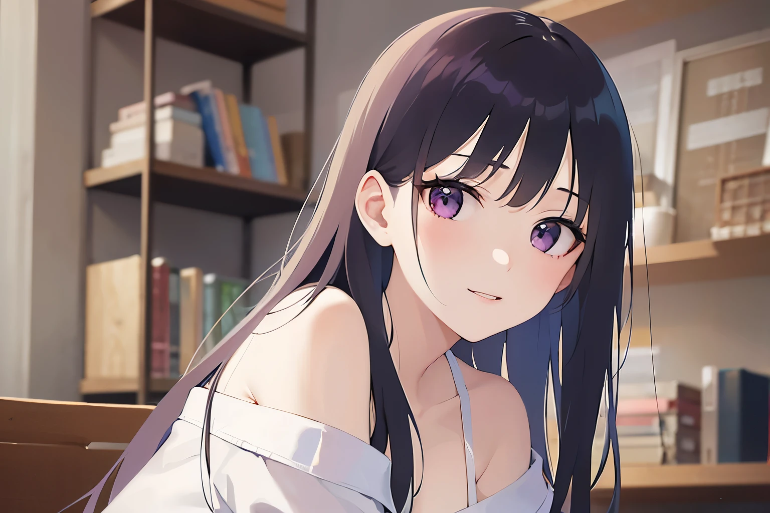 Tilting head、Realistic, real person, (pale skin: 1.2), RAW photo, photorealistic, portrait photography, shiny skin, japanese idol、shiny hair、(bangs) and (straight) and (medium hair)and (25 year old woman) and (black hair) and (purple eyes) , White off-shoulder blouse、smile, The background is the living room、Alone、Are standing