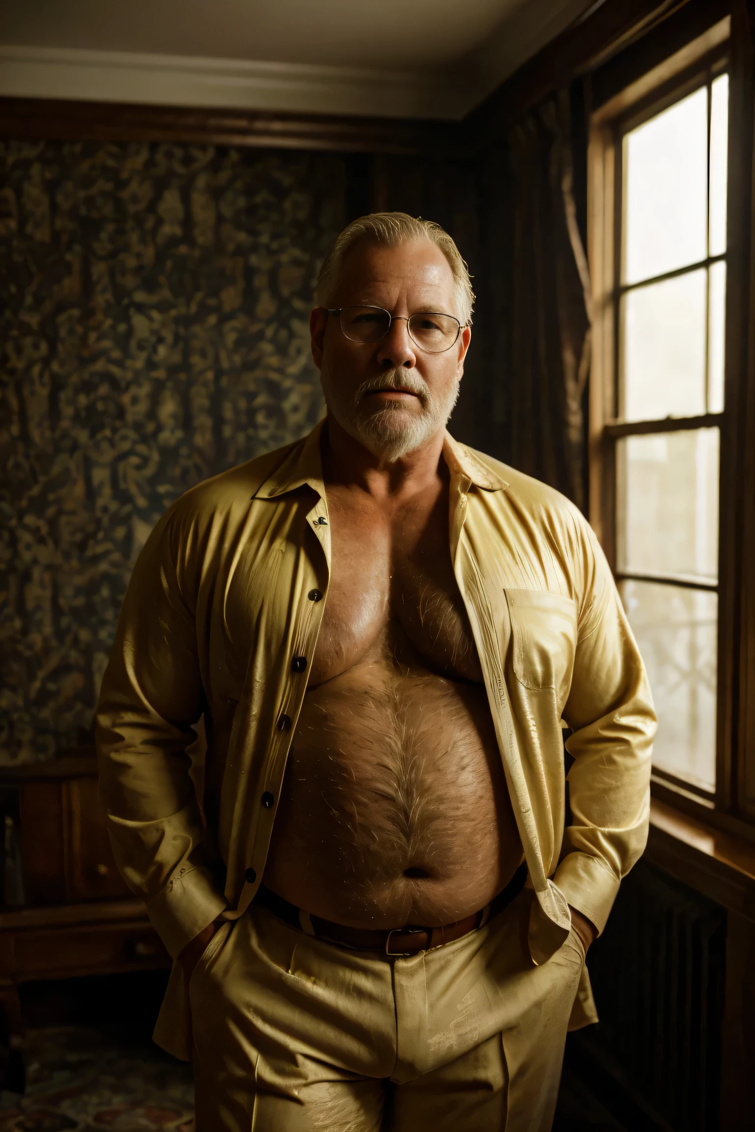 (ultra detallado,Fotorrealista,retrato:1.2),desagradable,60 years,hombres musculosos regordetes blancos,traje abierto,alegre,vientre denso y peludo,enormes bultos en los pantalones,traje elegante,hotel,horror,dark lighting,sombras horribles,creepy atmosphere,textura arenosa,piel arrugada,Expresiones de disgusto,dientes amarillos,verrugas y lunares,gafas gruesas,frente sudorosa,camisa abotonada,cuarto polvoriento,papel pintado estampado,muebles antiguos,alfombra vieja manchada,tablas del suelo crujientes,cortinas hechas jirones,mysterious atmosphere,suspenso.