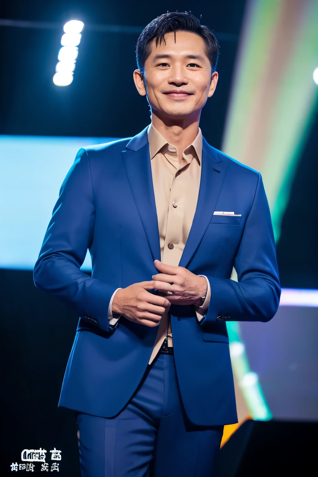 Thai man in his 40s holding a microphone,upper body portrait,Black suit , 1 person, details, perfect light, DSRL, professional photos, 4k ,blue light,smile , Tan skin , See the whole shape