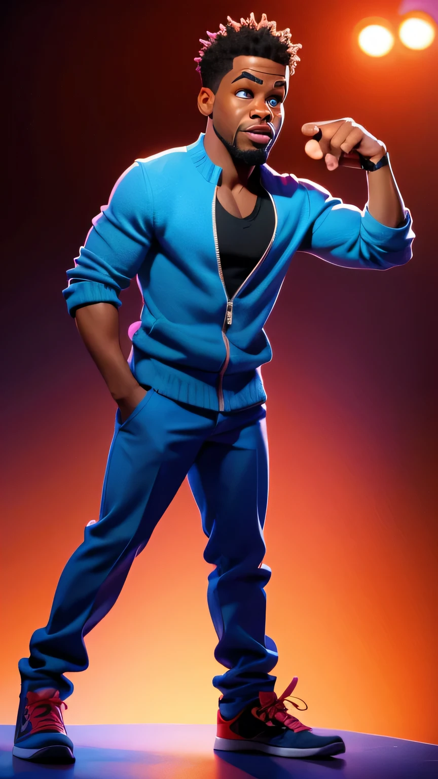 Kevin hart caricature doing stand-up comedy on stage, front face view