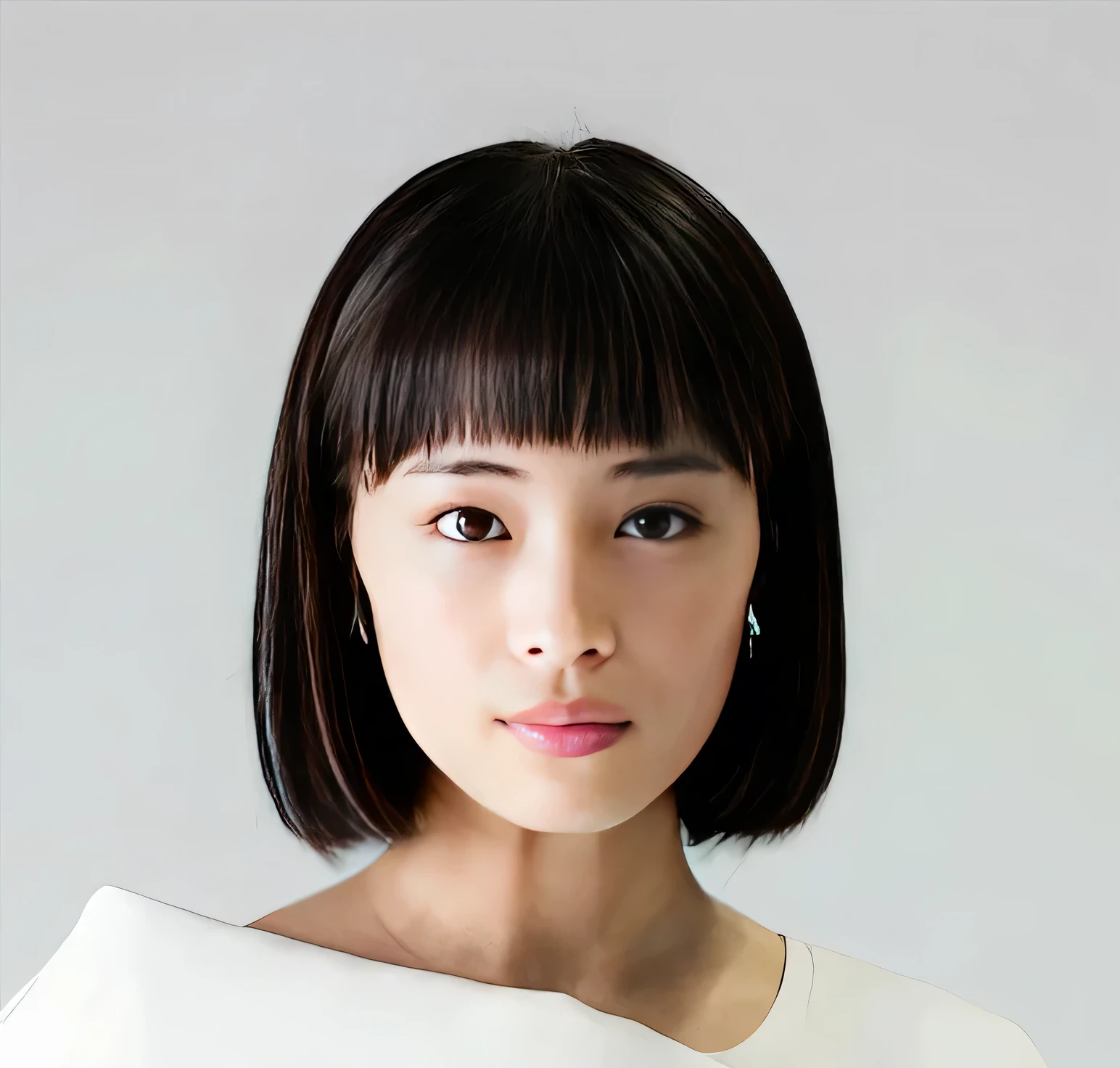 (Best quality, 8K, 32K, Masterpiece,there is a woman with a white dress and a black hair, portrait of female korean idol, with short hair, portrait of a japanese girl, white hime cut hairstyle, a young asian woman, korean symmetrical face, yasumoto oka, ethnicity : japanese, Yoshitomo Nara, japanese model, aoshima chiho