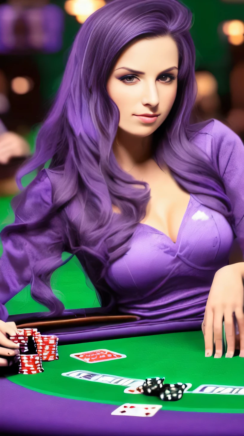 girl wearing purple dress, long black hair, playing poker on green casino table with 2 cards in her hand, casino wall is in purple.