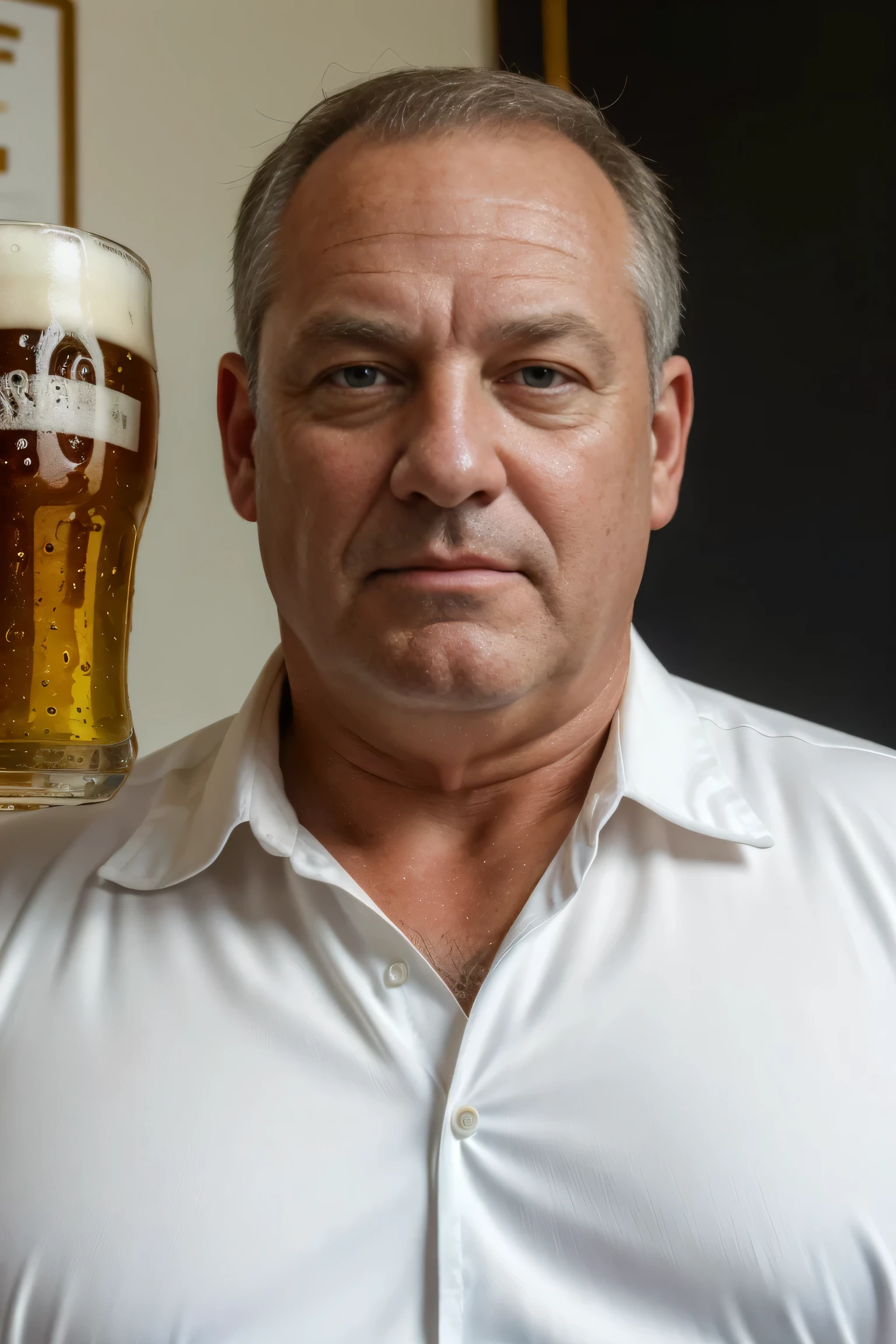 (Mejor calidad,high resolution,ultra detallado,realista:1.2), retrato, hombre de mediana edad,desagradable,blanco, regordete, muscular, 60 years old, Traje, desabrochado,padre, panza de cerveza,oficina,traje inteligente, profesor