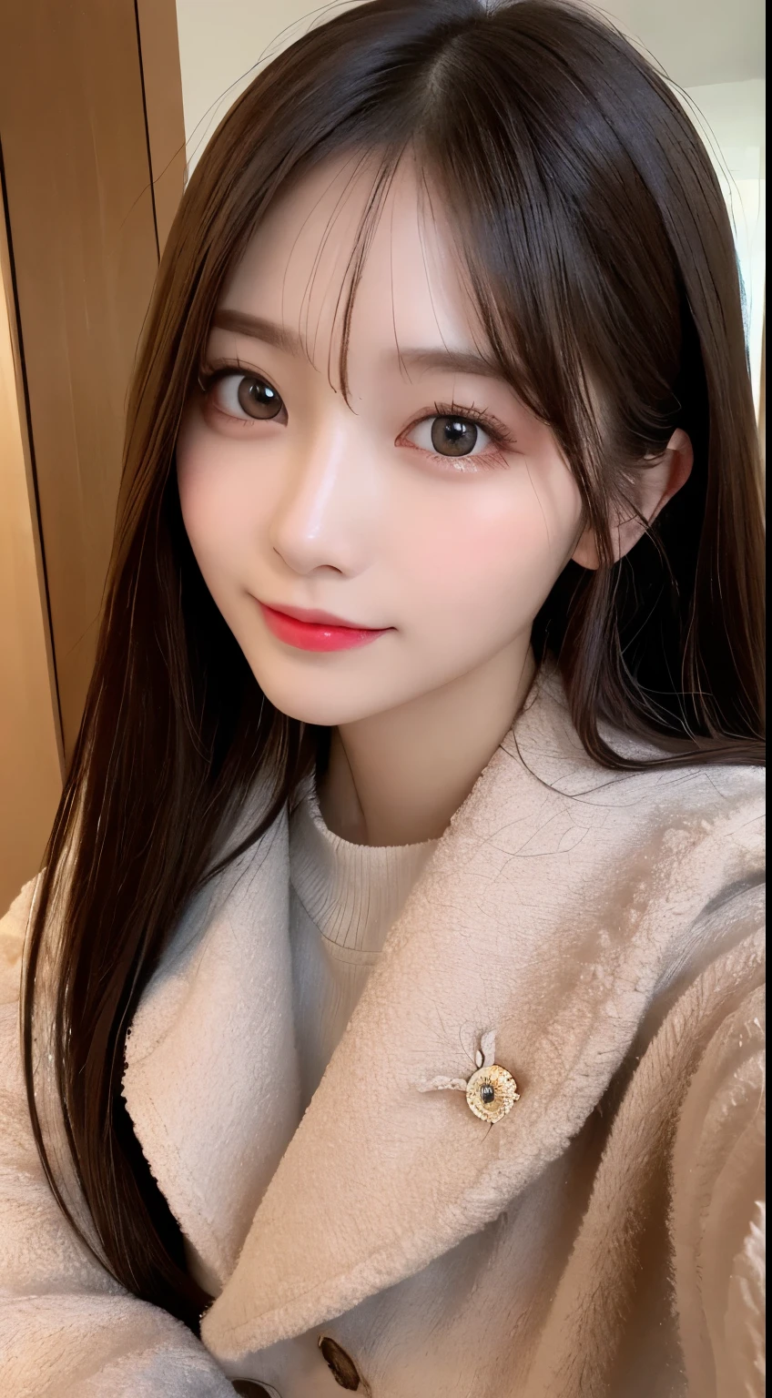 table top, highest quality, shape, Super detailed, finely, High resolution, 8k wallpaper, 完璧なダイナミックな構shape, beautiful and detailed eyes, straight hair, small breasts, natural color lip, random sexy pose,smile,20 year old girl、midnight、Beautiful and dense face、perfect and beautiful face,Big eyes、Raw photo、Expressing feminine poses with your whole body、beautiful and detailed eyes、small face、beautiful duplex、slim face and style,luxury brand mink coat(internal：winter dress)、beautiful golden ratio face,