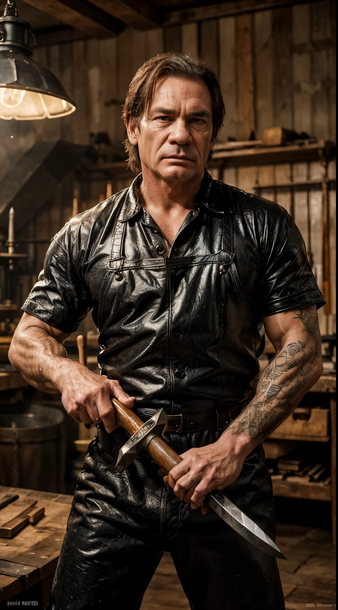 (Tommy Lee Jones:1.0), forge, coveralls, hammer, anvil, forging a sword, (best quality, masterpiece, 4k, ultra detailed, sharp focus, 8k, high definition, insanely detailed, intricate:1.2), pretty face, nose, lips, beautiful eyes