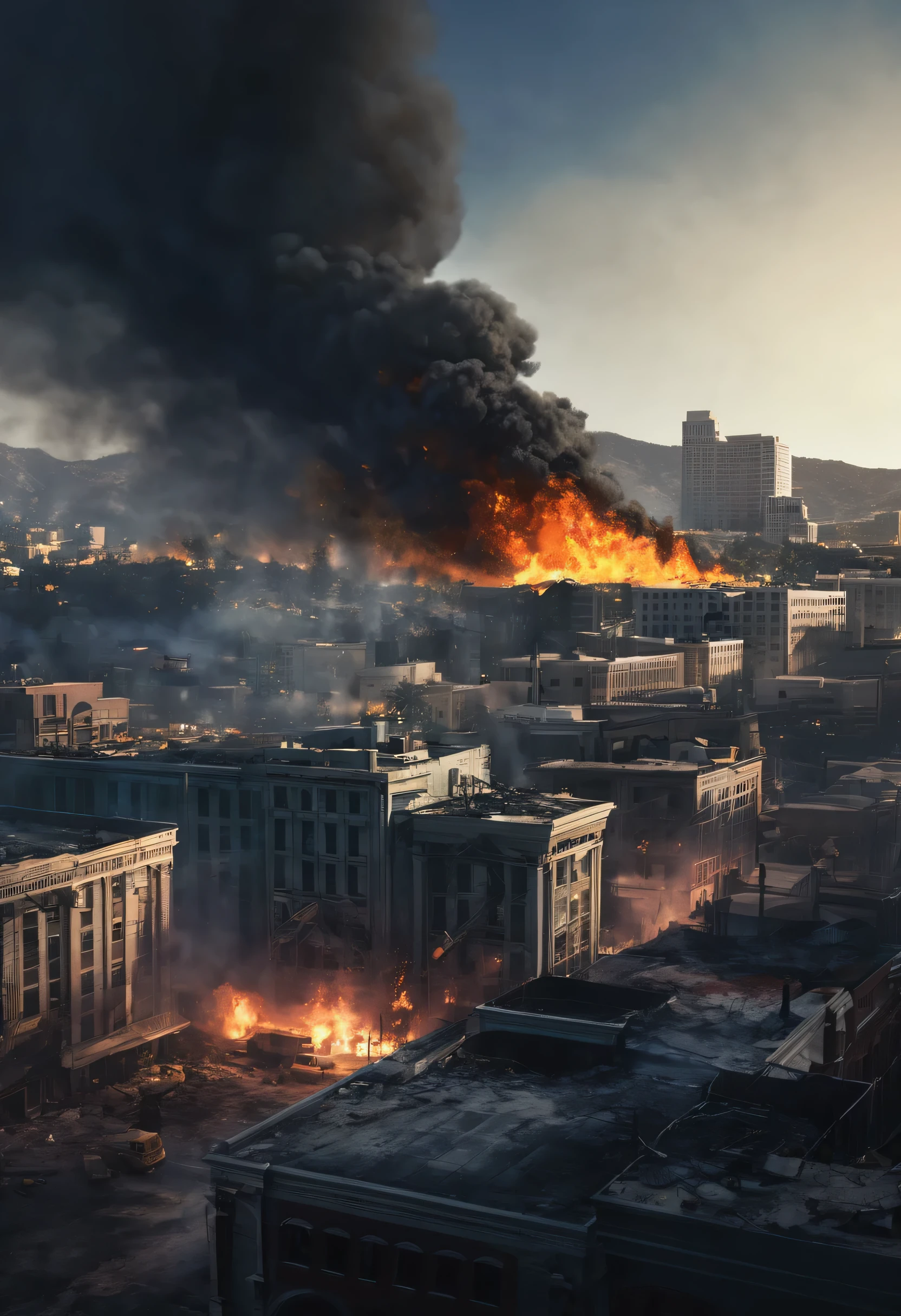 distroyed city, fire, smokes, realistic, hollywood movie scean