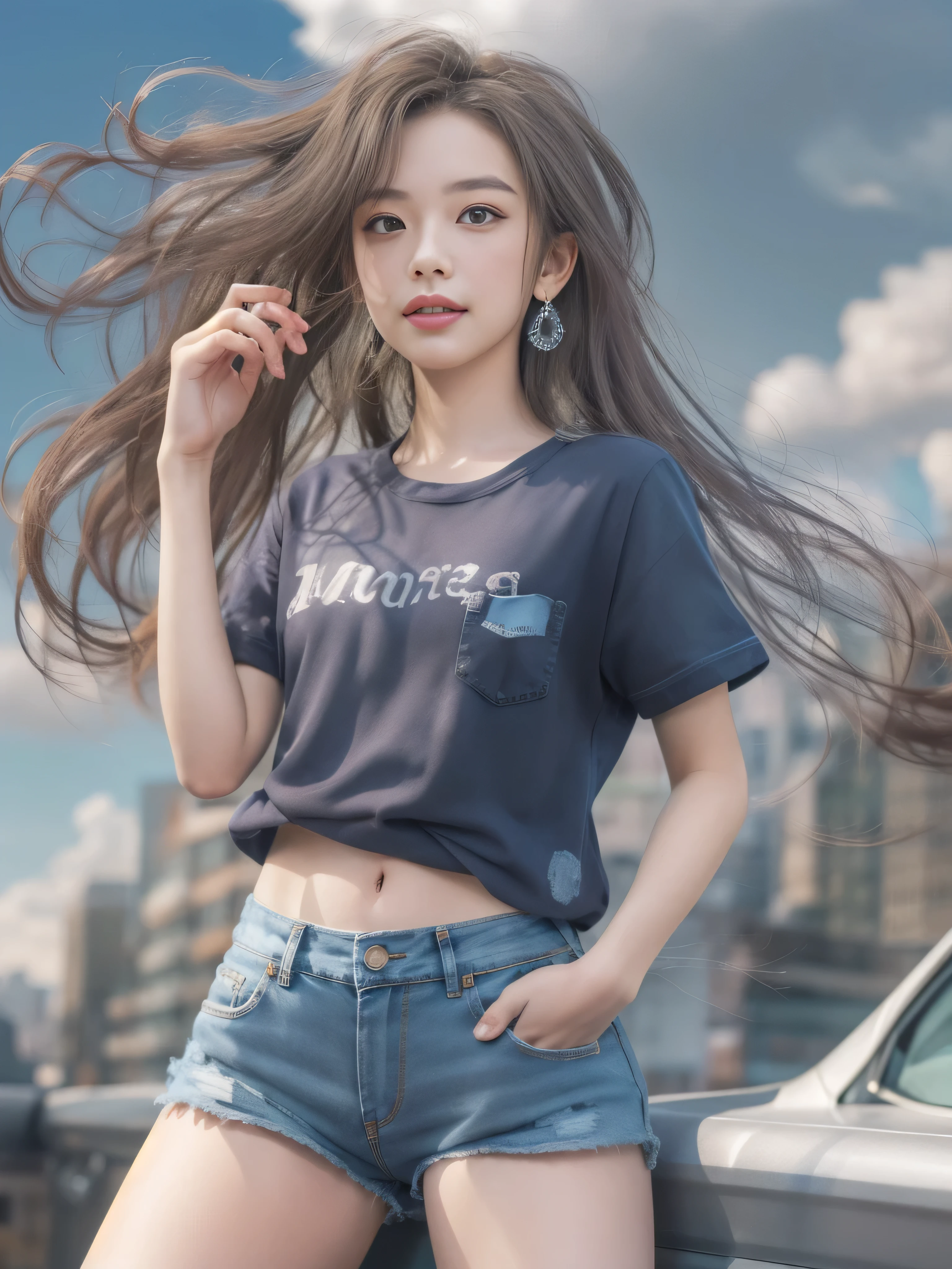 masterpiece、High-quality viewers、1 beautiful model from JPNIODL、beautiful brown hair、detailed eye、Tank top、denim shorts、Cityscape with blue sky and white clouds、8K high resolution、Momentary Pose、detailed background、Drawing with enhanced hair detail、detailed face、more hair、detailed nose、detailed mouth、detailed body、stare at the camera、model pose、Paint with added more hair details