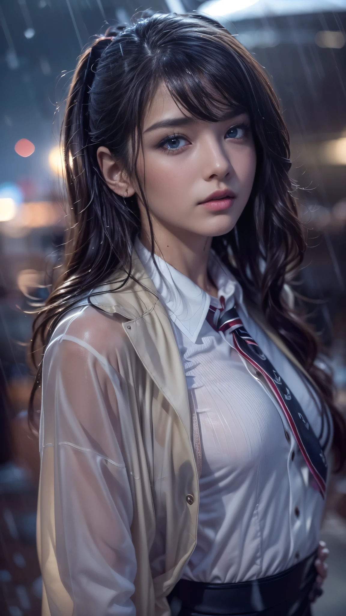 (RAW shooting, Photoreal:1.5, 8K, highest quality, masterpiece, ultra high resolution), perfect dynamic composition:1.2, Night street corner of a modern city, cry:1.3, (((Typhoon heavy rain))), Highly detailed skin and facial textures:1.2, Slim office lady wet in the rain:1.3, sexy beauty:1.1, perfect style:1.2, beautiful and aesthetic:1.1, Fair skin, very beautiful face, water droplets on the skin, (rain drips all over my body:1.2, wet body, wet hair:1.4, wet office skirt:1.2, wet office lady uniform:1.3), belt, (Medium chest, Bra see-through, Chest gap), (expression of sadness, lovelorn, The expression on your face when you feel intense caress, Facial expression when feeling pleasure), (beautiful blue eyes, Eyes that feel beautiful eros:0.8), (Too erotic:0.9, Bewitching:0.9), cowboy shot, Shoulder bag, necklace, earrings, bracelet, clock