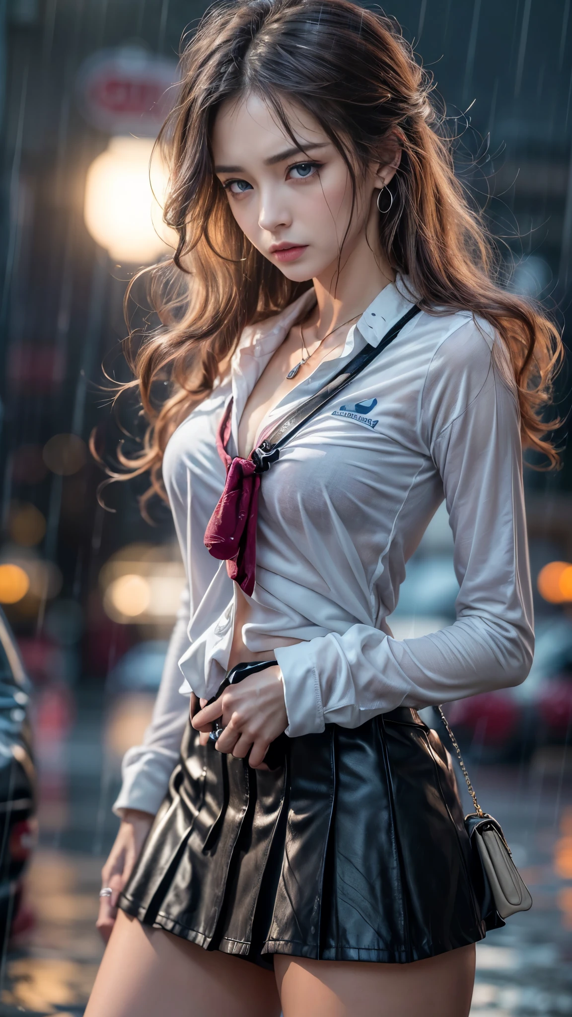 (RAW shooting, Photoreal:1.5, 8K, highest quality, masterpiece, ultra high resolution), perfect dynamic composition:1.2, street corner at night, cry:1.3, (((Typhoon heavy rain))), Highly detailed skin and facial textures:1.2, Slim office lady wet in the rain:1.3, sexy beauty:1.1, perfect style:1.2, beautiful and aesthetic:1.1, Fair skin, very beautiful face, water droplets on the skin, (rain drips all over my body:1.2, wet body, wet hair:1.4, wet office skirt:1.2, wet office lady uniform:1.3), belt, (Medium chest, Bra is transparent, Chest gap), (expression of sadness, lovelorn, The expression on your face when you feel intense caress, Facial expression when feeling pleasure), (beautiful blue eyes, Eyes that feel beautiful eros:0.8), (Too erotic:0.9, Bewitching:0.9), cowboy shot, Shoulder bag, necklace, earrings, bracelet, clock