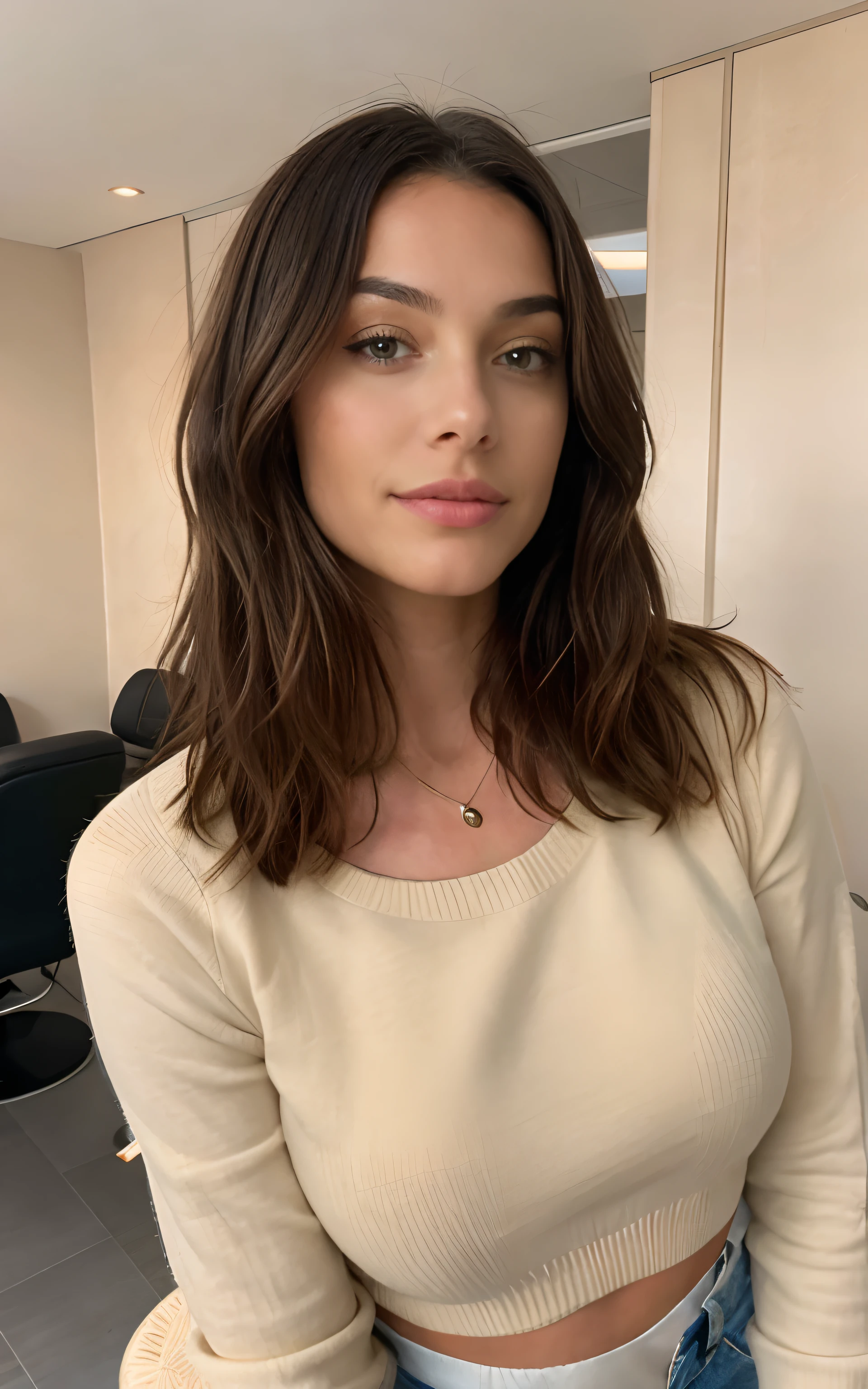 Beautiful brunette in a light beige sweater (Nail care in a modern beauty salon), very detailed, 21 years old, innocent face, natural wavy hair, Blue eyes, A high resolution, masterpiece, Best quality, complex parts, very detailed, sharp focus, detailed skin, realistic skin texture, texture, detailed eyes, professional, 4K, Charming smile, shot on Canon, 85 mm, shallow depth of field, Цвет Kodak Vision, perfectly toned body, extremely detailed, Photor_\(ultra\), Photorealistic, realistic, Treatment after, maximum details, roughness, real life, ultra realist, photorealism, Photo, 8k UHD, Photo, work, bureau