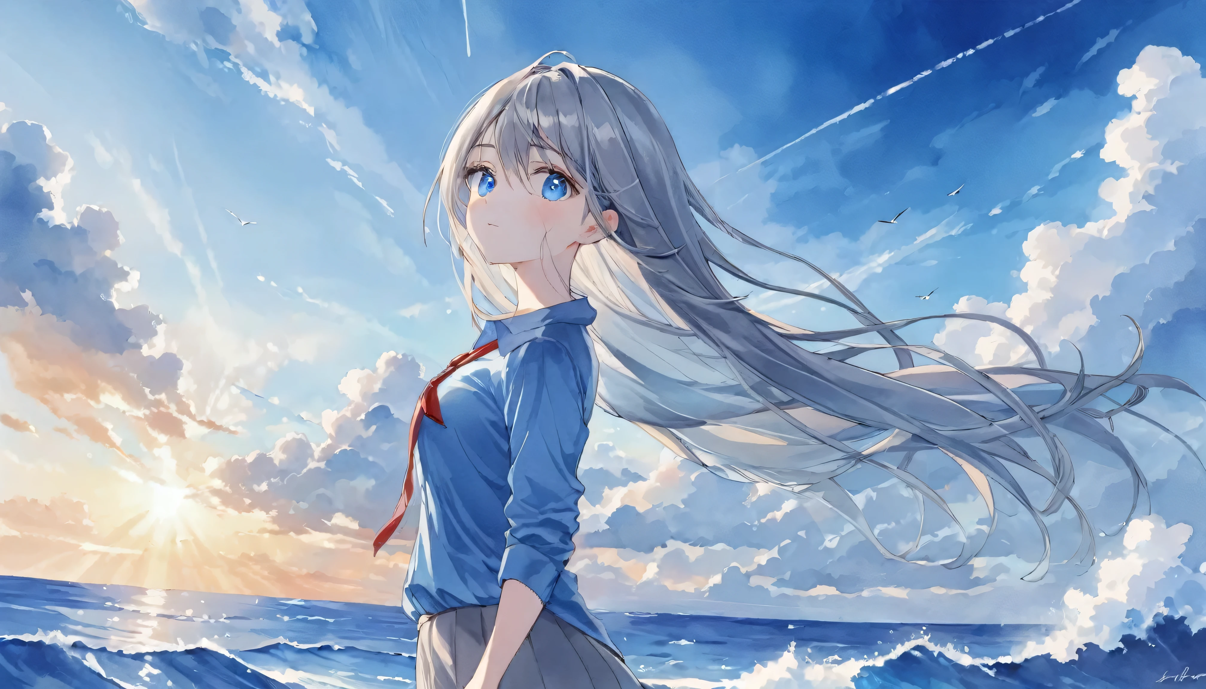 deep blue sky, girl, long hair, silver hair, blue eyes, business shirt, watercolor, colorful, wing, blue sky, inattention, hollow, horizon, Ocean, ray tracing, super detailed, perfect eyes, 8K, masterpiece