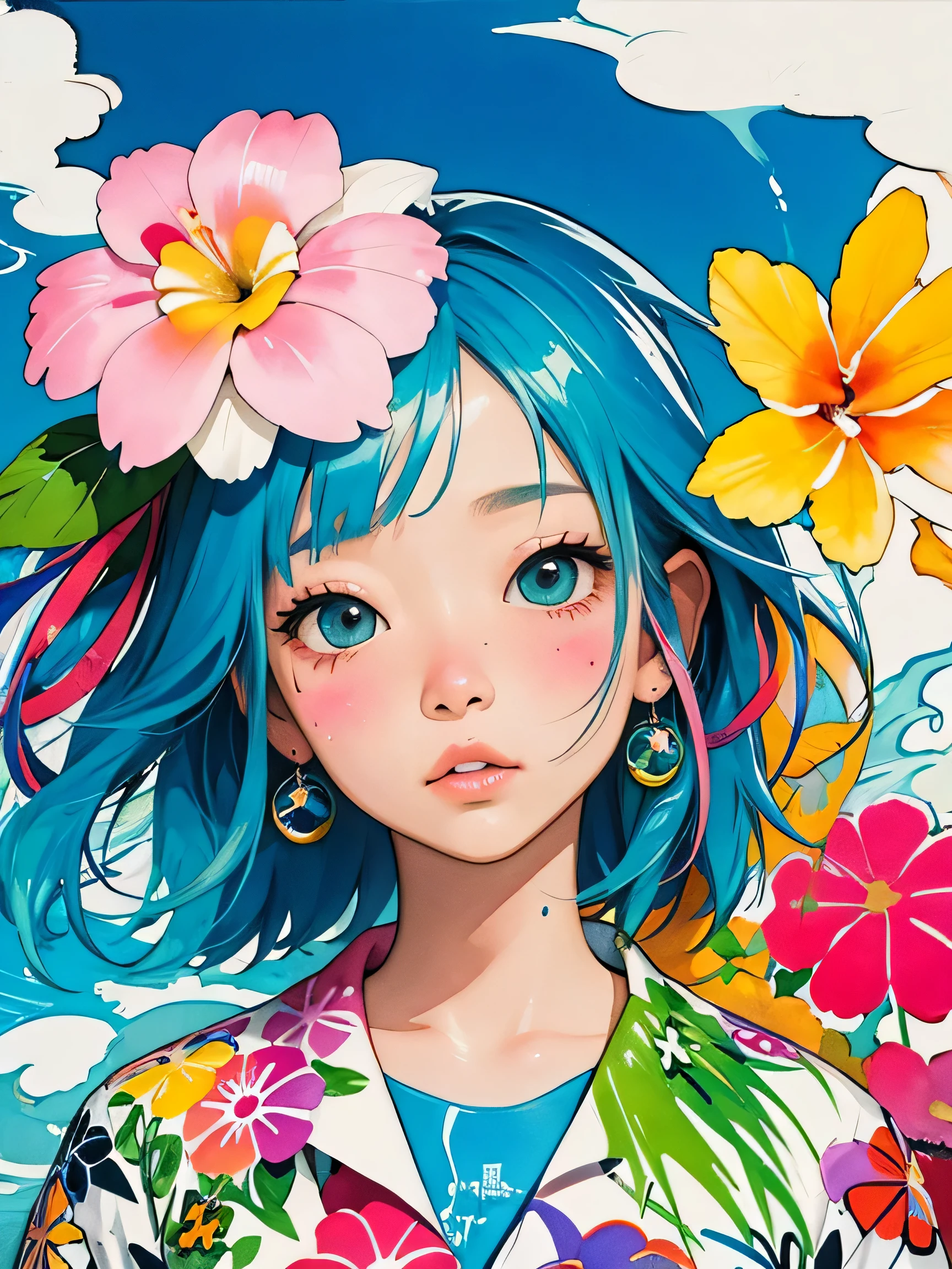 8K quality, Takashi murakami'illustration of, intense watercolor, watercolor detailed art, watercolor splash, surreal, avant-garde pop art, Beautiful and expressive paintings, 美しいアートワークillustration of, very colorful tones, wonderful, cool beauty, highest quality,official art, vector art,stylish design, (((highest quality))), HDR, ((Detailed details)), (((graffiti art))), ((masterpiece))、((Super detailed))、(((colorful flowers)))、(((Hawaii Travel)))