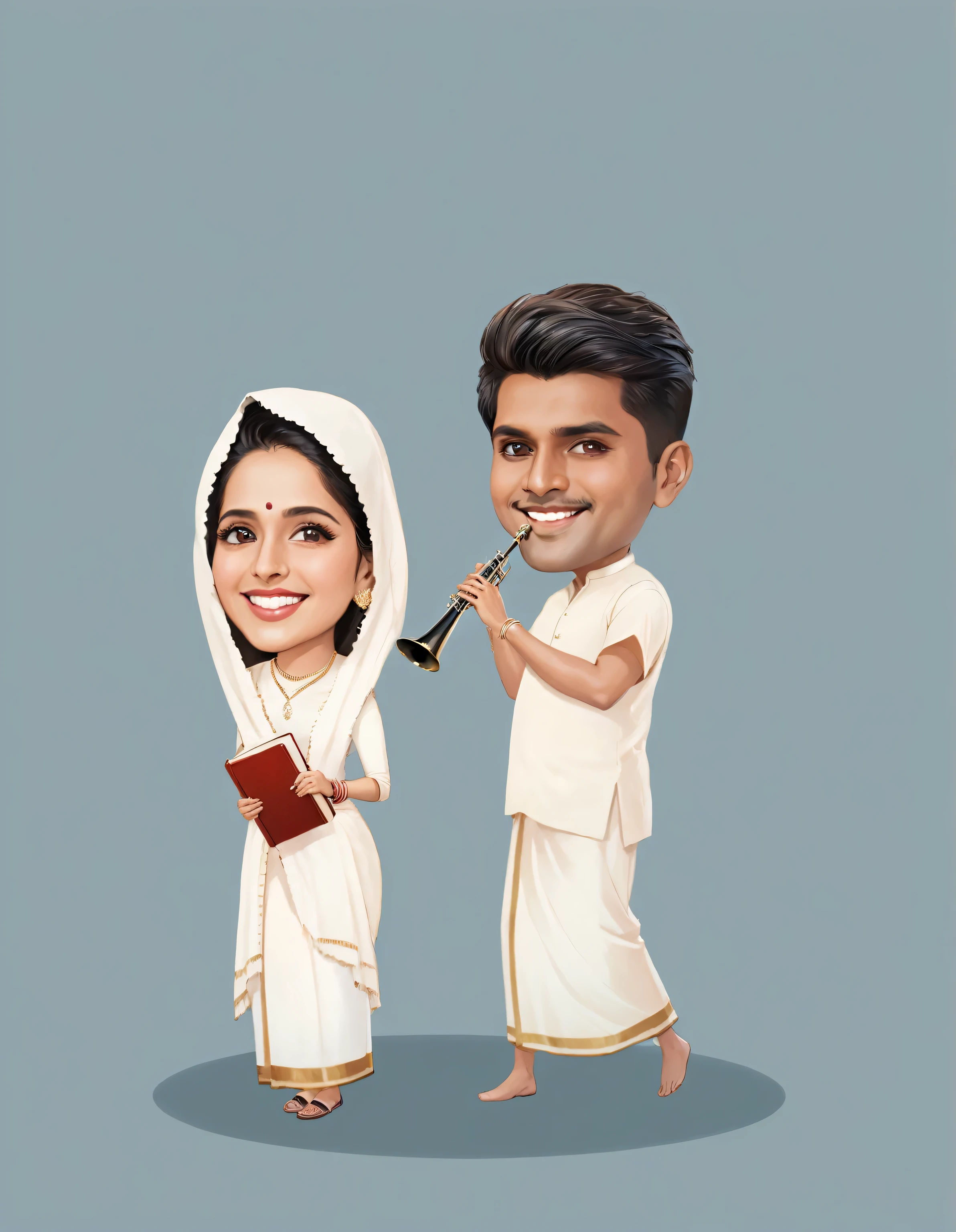 A man and a woman are standing next to each other, both wearing traditional Indian garb. The man is holding a trumpet in his hand while the woman has a book in her hand. They appear to be posing for a picture together. super, high detail portrait, couples portrait, close portrait, elegant smiling pose, couple pose, cartoon art, portrait