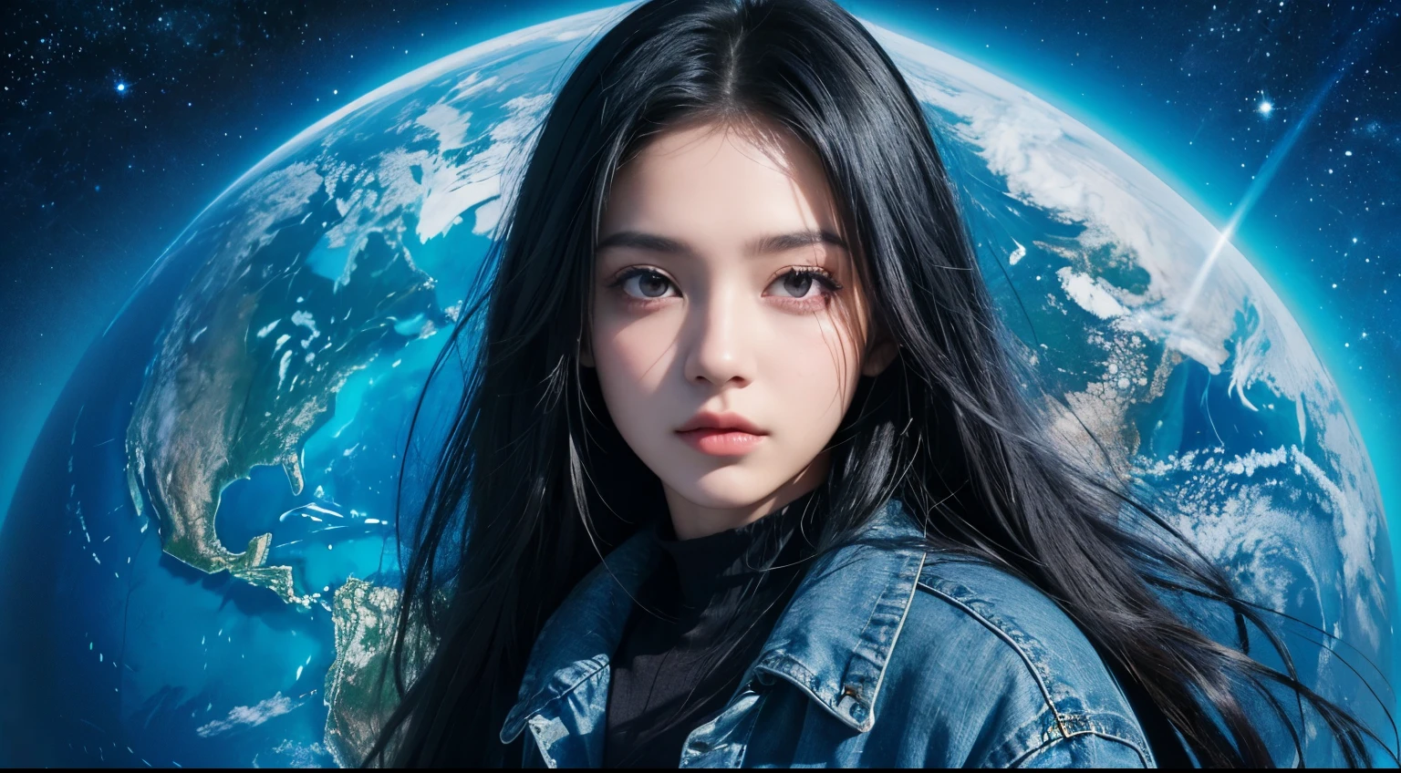 A beautiful woman. Sixteen-year-old. Black eyes and long black hair. She is looking at the camera with a serious expression. She is wearing blue jeans and a jacket. Image of outer space and earth behind her.