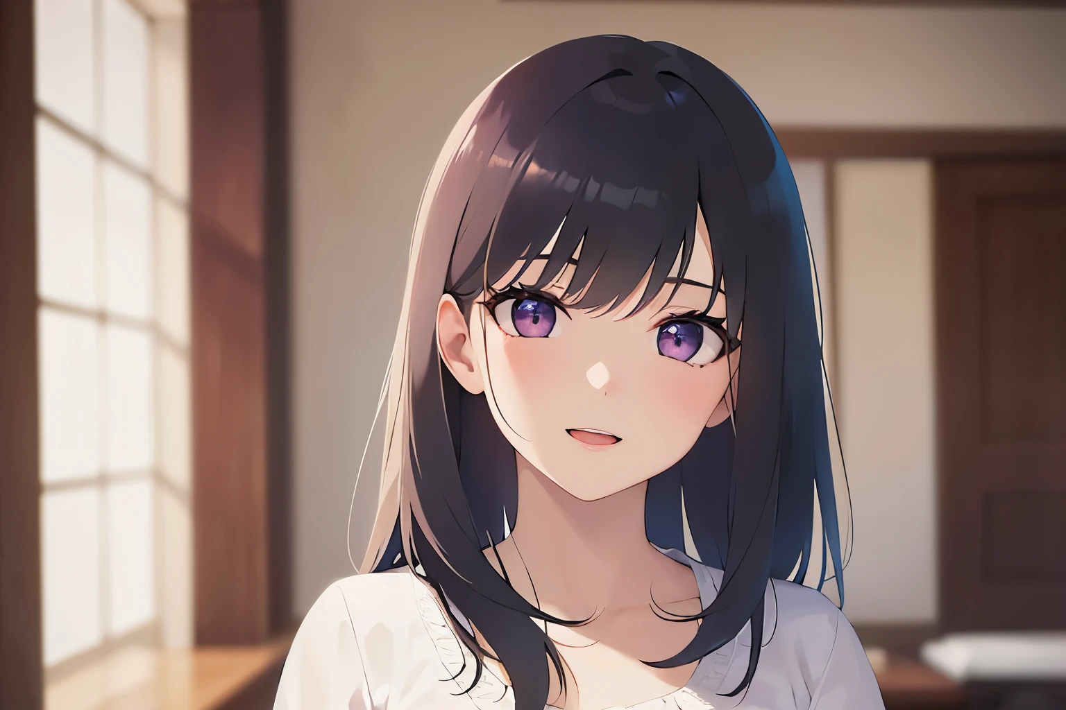 Upper body is shown、Tilting head、Realistic, real person, (pale skin: 1.2), RAW photo, photorealistic, portrait photography, shiny skin, japanese idol、shiny hair、(bangs) and (straight) and (medium hair)and (25 year old woman) and (black hair) and (purple eyes) , White off-shoulder blouse、smile, open mouth, The background is the living room、Alone、Are standing