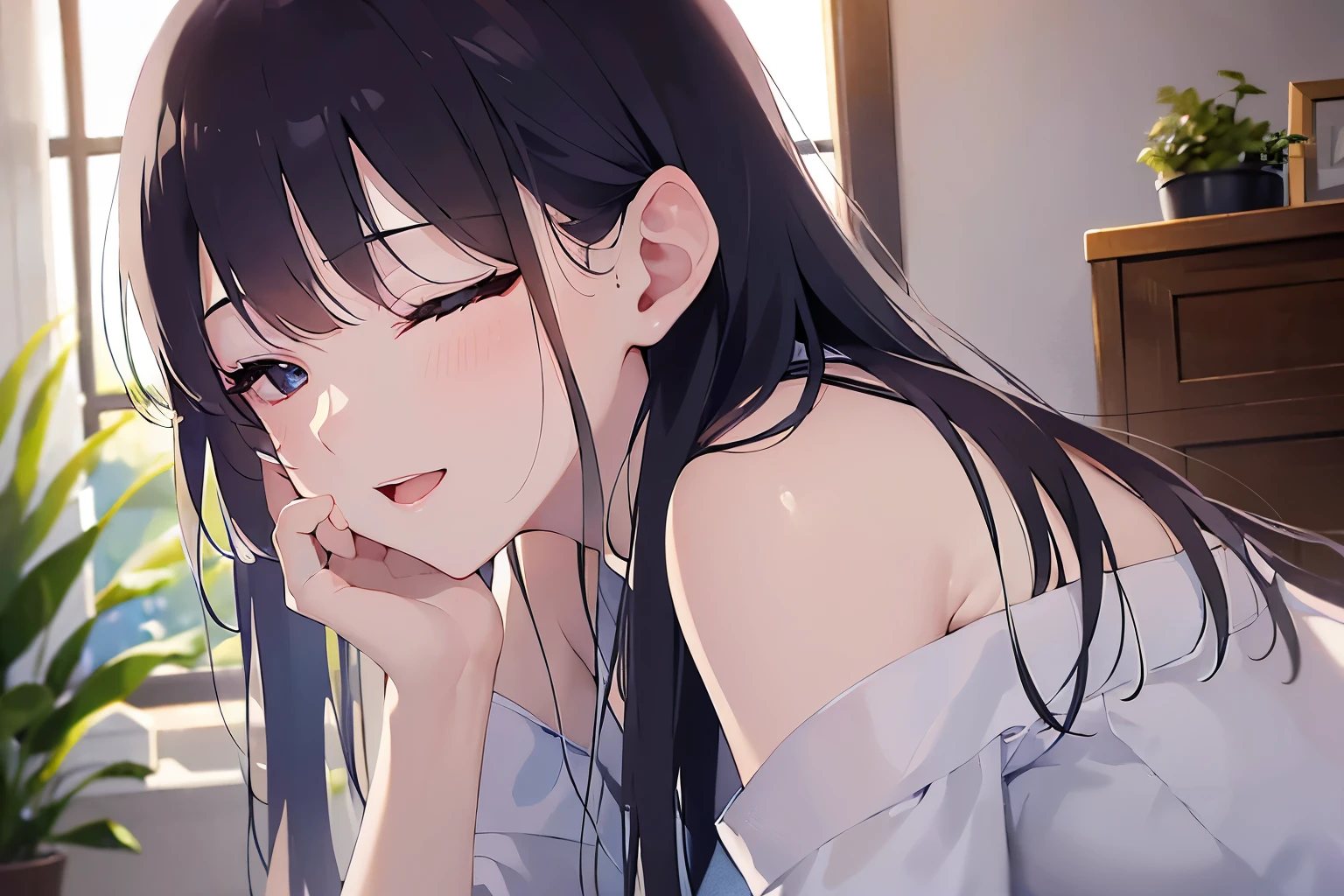 (leaning forward:1.5), Tilting head、Realistic, real person, (pale skin: 1.2), RAW photo, photorealistic, portrait photography, shiny skin, japanese idol、shiny hair、(25 year old woman with straight medium hair with bangs) and (black hair) and (closed eyes:1.2) , White off-shoulder blouse、 smile, open mouth, The background is the living room、Alone、Are standing