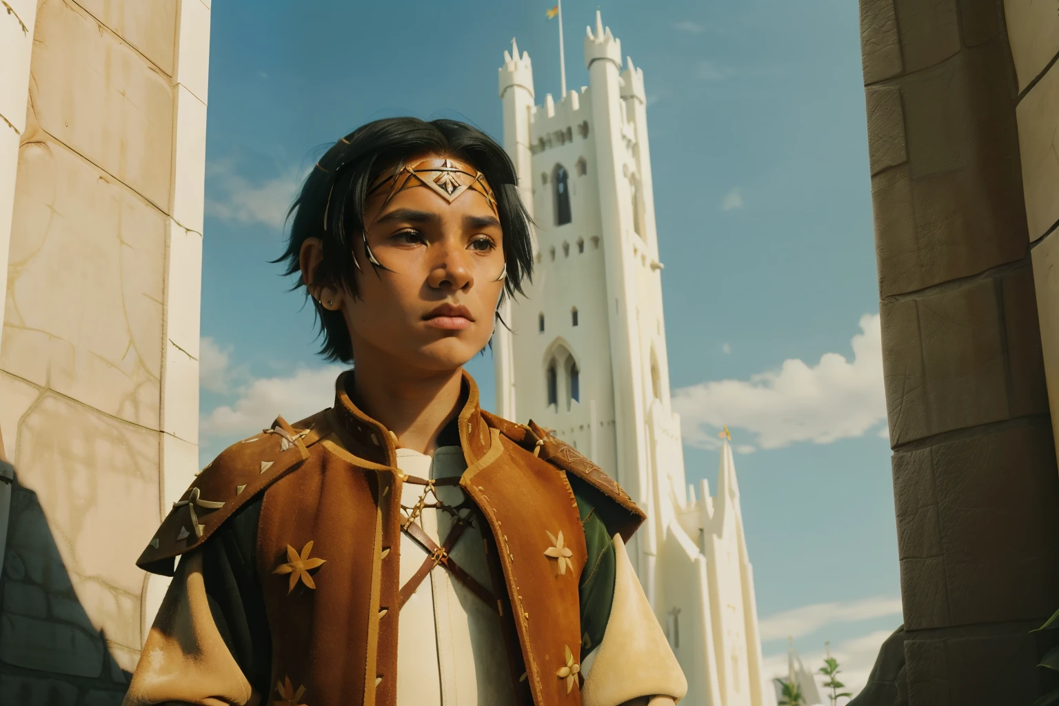 Fairytale Kingdom of Fantasia. Outside the ((((white ivory tower)))), close-up of ((((10-year-old)) Atreyu)), olive green skin, tall, athletic, brave, wise, ((grief expression)), wielding a sword defiantly. ((((suede and leather indigenous clothings)))), ((blueish-black hairstyle)). 