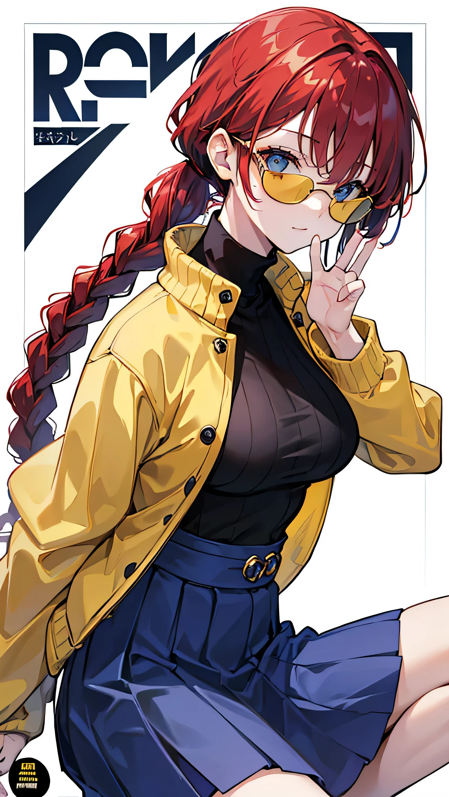 ​masterpiece、high-quality、top-quality、Beautiful face、expressive eyes、hard disk、Perfect lighting、A detailed face、Detailed body、mature female、mature lady、solo、(A red-haired)、braided ponytail、swept bangs、 blue eyes、((yellow skirt))、((Black Turtleneck sweater))、((yellow jacket))、((Sunglasses))、sexy pose、Sexy face、professional model、big breasts、confident face、cool pose、white plain background、magazine frame、Japanese texts on the front layer、