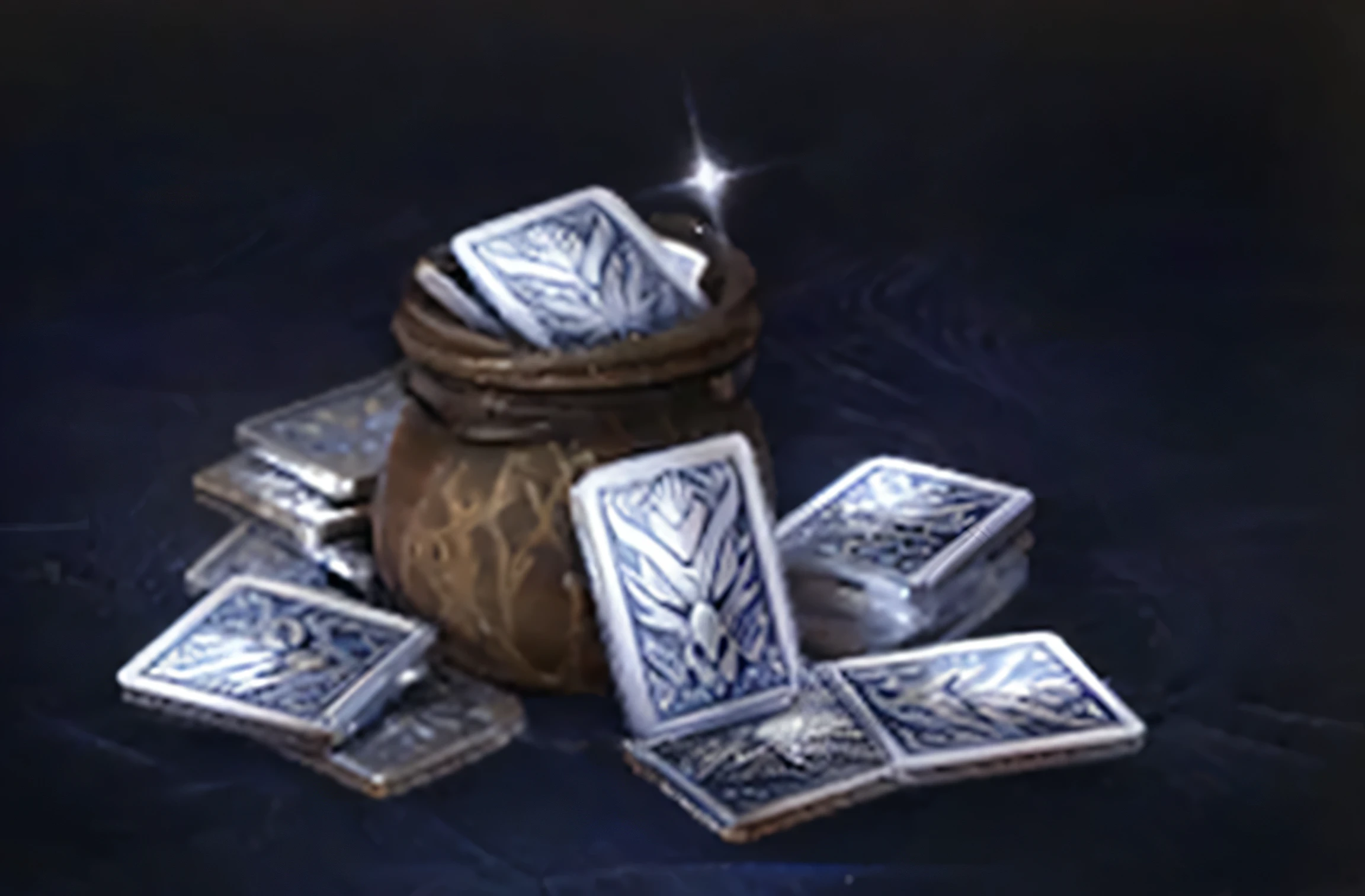 there are four silver playing cards in a pot on a table, ornate flowing silvered robes, item art, card art, ingame image, treasure artifact, shining nordic runes, treasure hoard, ability image, holographic runes, cards, wizard shuffling cards, collectible card art, silver and sapphire, deck of many things, silver, card game,4K,HD