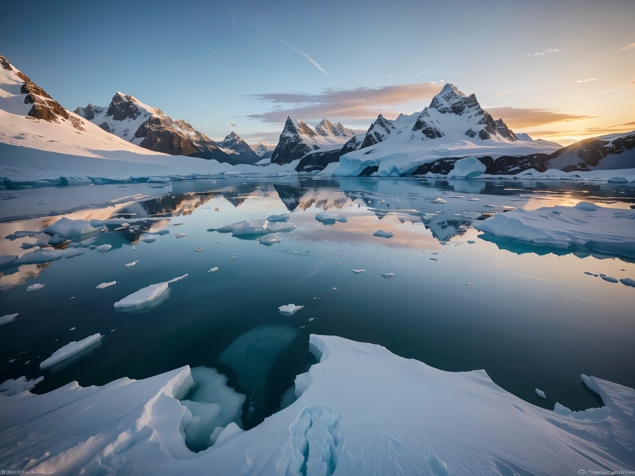 A breathtaking photorealistic cinematic landscape of a serene Antarctic scene at sunset. The image showcases massive icebergs floating in a tranquil lake, their surfaces reflecting the warm, golden light of the setting sun. The sky is filled with soft, pastel hues of pink and orange, while the surrounding snow-capped mountains create a sense of vast, untouched wilderness. The scene is rendered with incredible detail, capturing the beauty and pristine nature of the polar region.