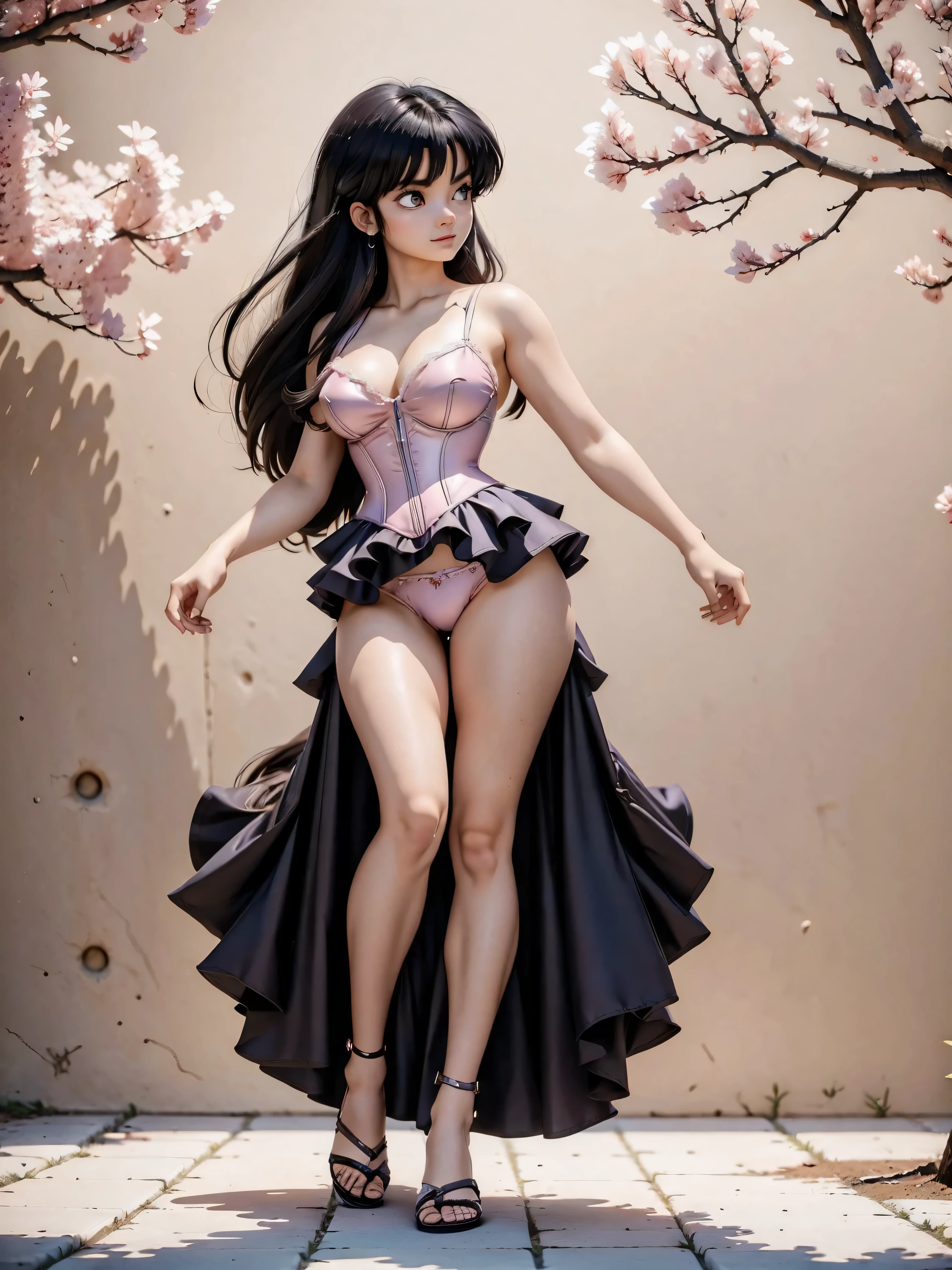 Dark-haired anime girl in pink swimsuit, espartilho e saia transparente, 16 anos, corpo bonito, seios grandes, com hand in panties , hand in hair, Garota sensual, purple cabelo, mechas de cabelo laterais, mechas de cabelo na lateral do rosto, beautiful lighting, sombras suaves, olhos azuis, pernas bonitas, cabelo curto, estilo anime, personagem Akane Tendo, Autora Rumiko Takahashi, Baseado em obra de Rumiko Takahashi, Anime Ranma 1/ 2, decote sensual, quadril robusto, corpo inteiro, corpo inteiro, busto grande, garota jovem com corpo belo e bonito, sandals on his feet, garota 16 anos jovem, usando maiô e corset pink, garota anime, estilo anime, beautiful feet in sandals, 45° viewing angle, ao ar livre, peito grande, seios bonitos, cabelo preto, sandals on the feet, pernas bonitas, sensual, belas pernas, Sandalias, seios grandes, corpo completo, corpo inteiro, feet with sandals, anime realista, saia, sarja roxa, personagem realista sensual, postura reta, ao ar livre, calcinha pink, hand in panties, hand in panties, seios grandes, sorrindo