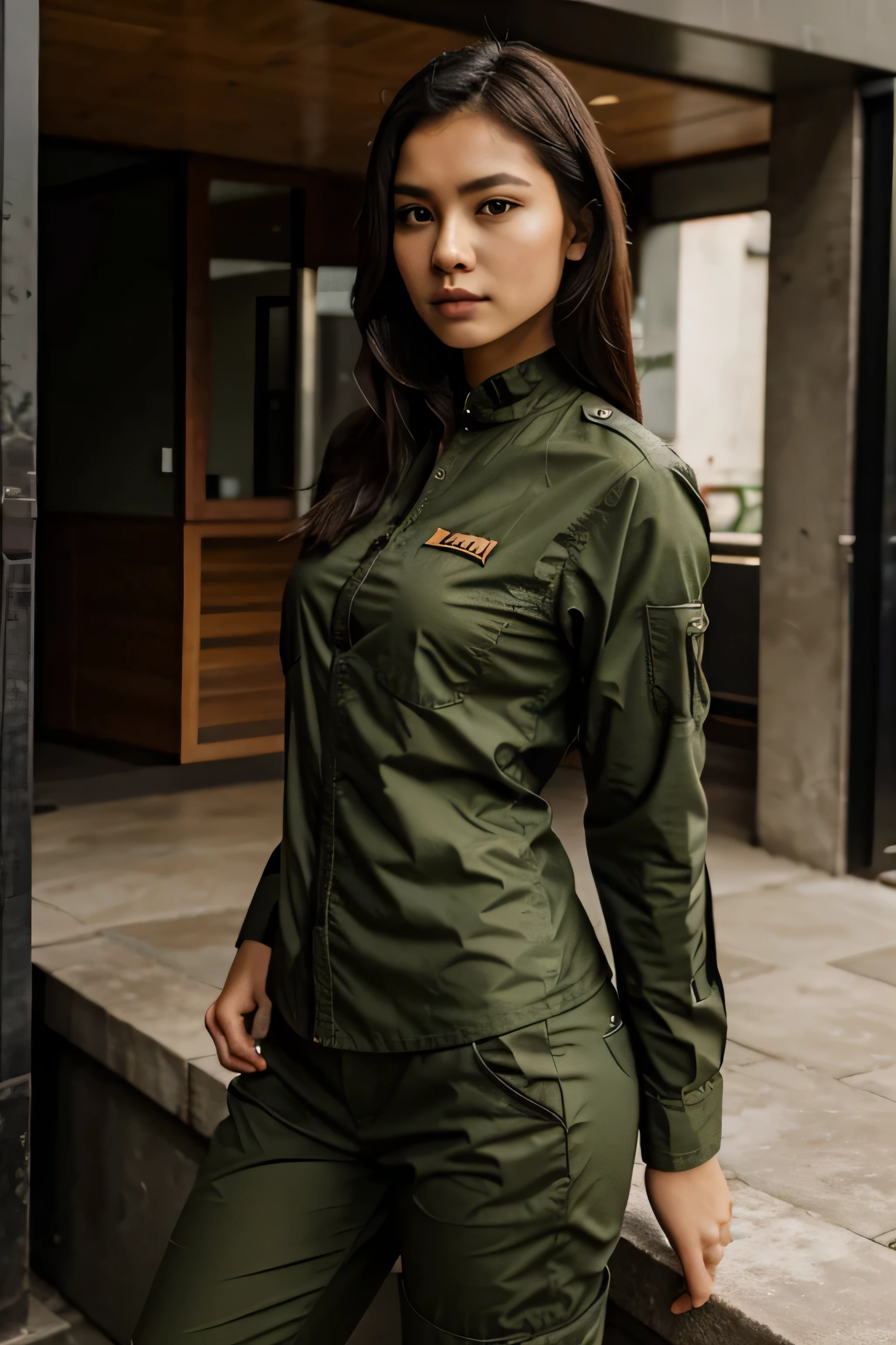 indonesian beautiful women as an army polite pose armored wear camo