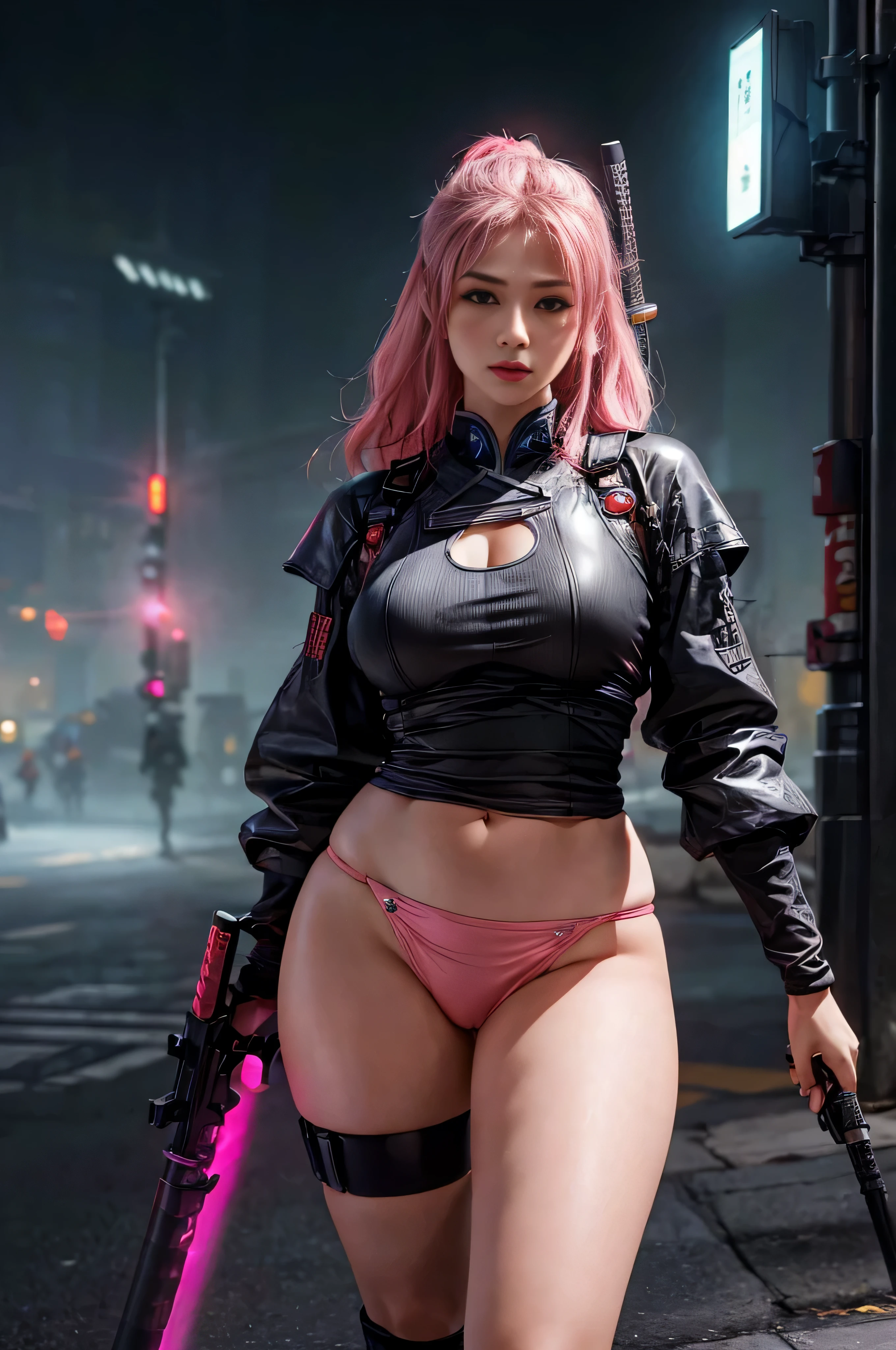 photorealistic, high resolution, soft light,1women, solo, hips up, (detailed face), pink long hair, cybersamurai, cyborg, cyberpunk, cyber armor, holding weapon,glowing,gun, on the street , kimono , katana