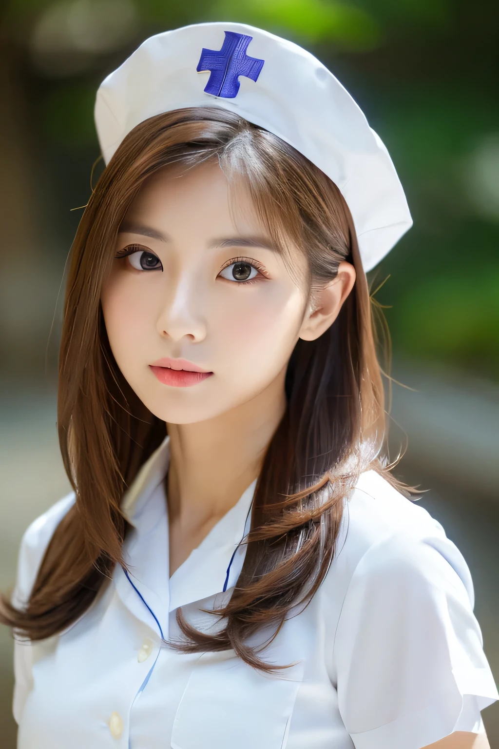 masterpiece、1 beautiful girl、detailed eye、highest quality, 超A high resolution, (reality: 1.4), Japanese、asian beauty、Korean、super beautiful、beautiful skin、thin、body turns forward、whole body、(超reality的な)、(High resolution)、(8K)、(very detailed)、(beautiful detailed eyes)、(Super detailed)、detailed face、bright lighting、professional lighting、looking at the viewer、serious expression、look straight ahead、long hair、brown hair、Nogizaka Idol、korean idol、sexy pose、actress、25 years old、big breasts、big breasts、wet skin、nurse, nurse cap, chest pocket, collared dress, short dress, short sleeve, thighs, white dress, white hat,