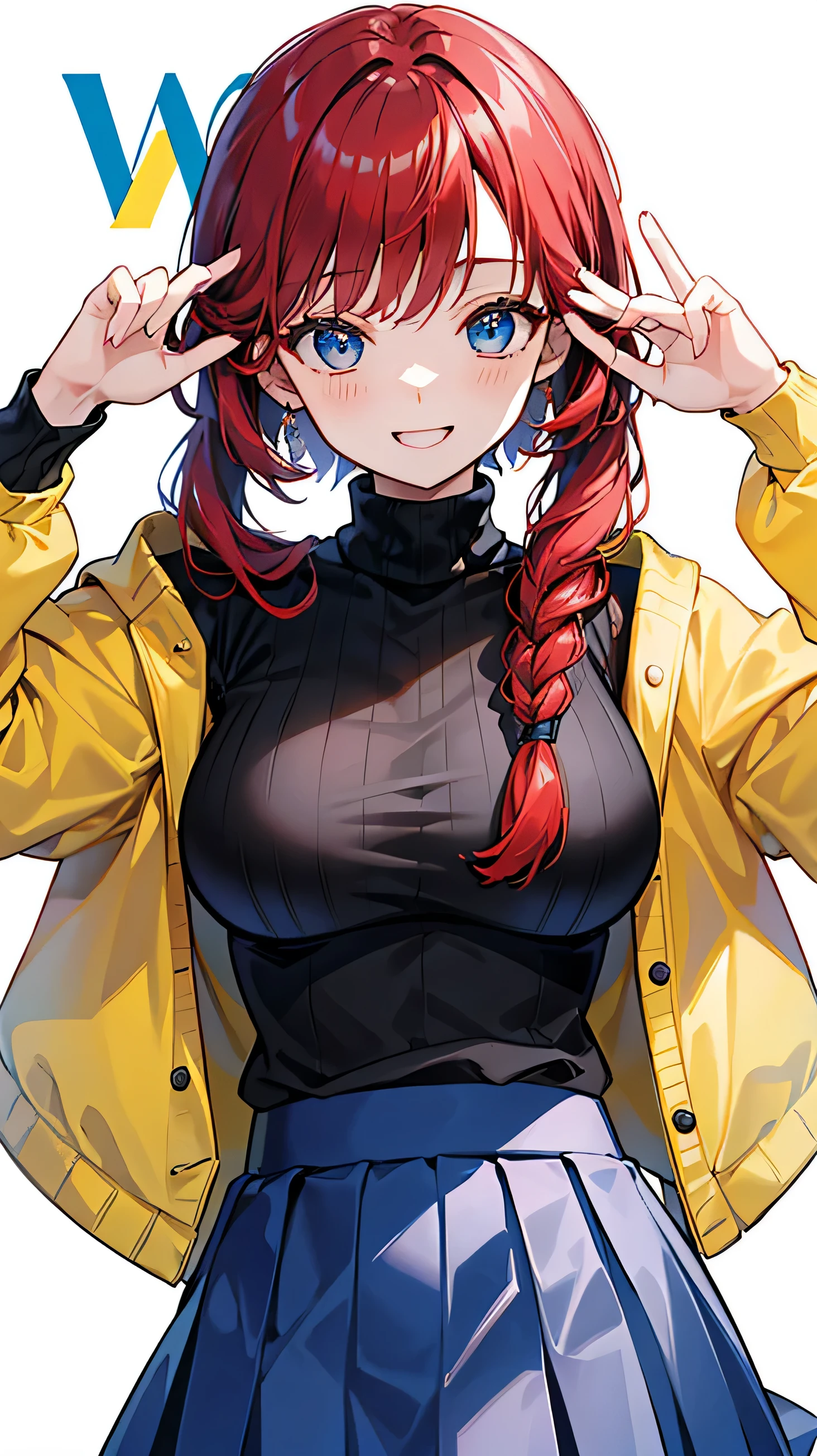 (absurderes,A high resolution,Hyper-detailing,hdr, masterpiece) ,younger girl,masterpiece,best qualtiy,1 person,solo,beautiful,blue eyes,fine eyes and detailed face,black turtle neck sweater, yellow jacket, yellow skirt, big breasts,raised sexy,female,feminine appeal,female characteristics are distinct,long wavy red hair,tie hair on the left side, 1 braid hair, arrogant,self-assured,white pantie,beautiful,