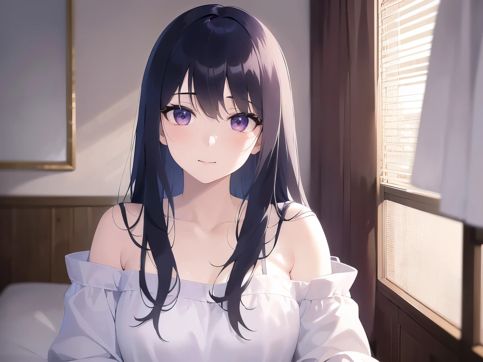 Tilting head、Realistic, real person, (pale skin: 1.2), RAW photo, photorealistic, portrait photography, shiny skin, japanese idol、shiny hair、(bangs) and (straight) and (medium hair)and (25 year old woman) and (black hair) and (purple eyes) , White off-shoulder blouse、smile, The background is the living room、Alone、Are standing