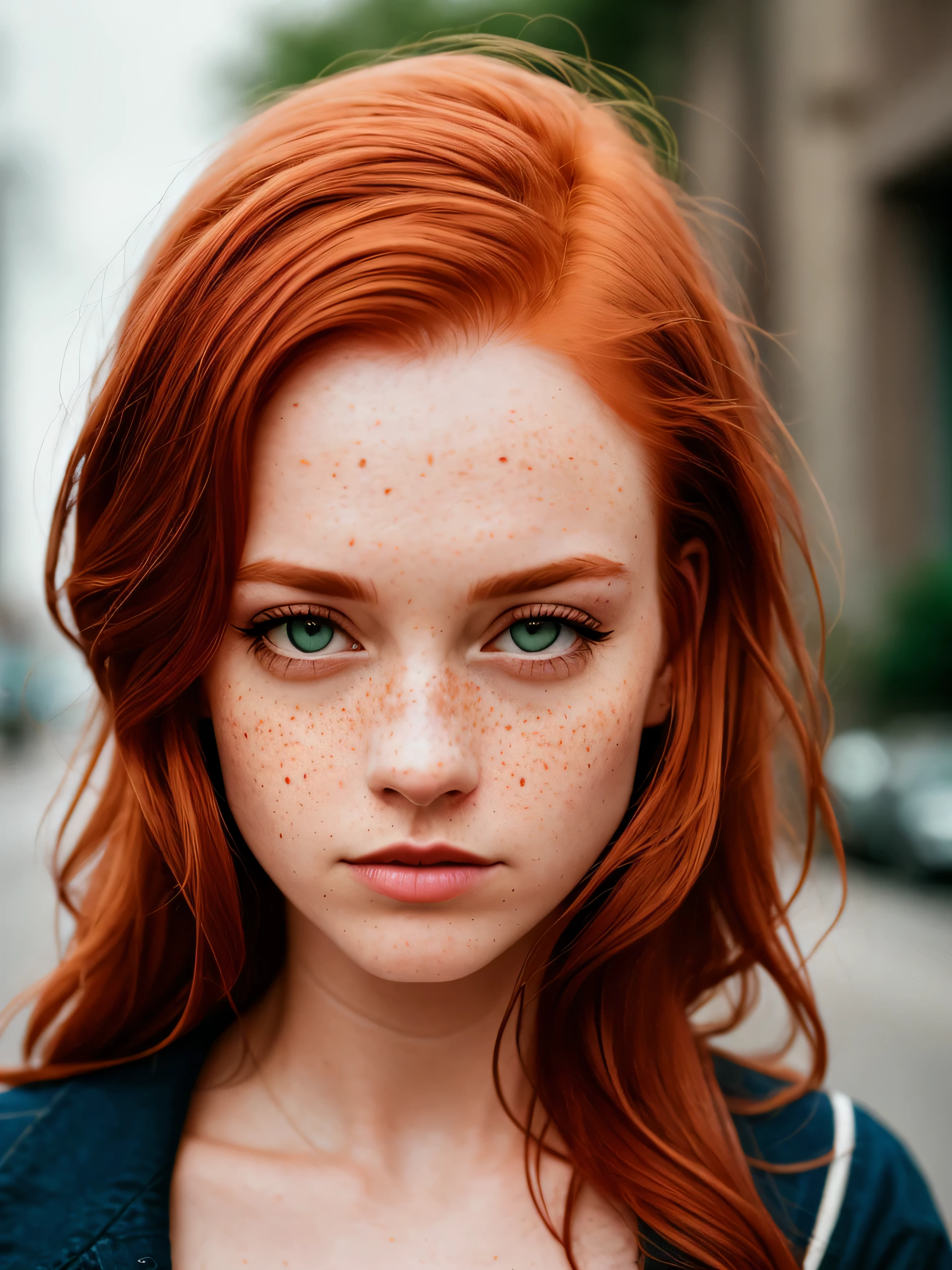 A portrait of a 30-year-old redhead, a few freckles, naked hiding her chest with her arm, leaning against a tree in the middle of nature, goosebumps, cinematic, faded colors, dark shot, muted colors, grainy film, read, crazy details, complex details, hyperdetailed, sunset, shyness, seduction, romanticism, love look